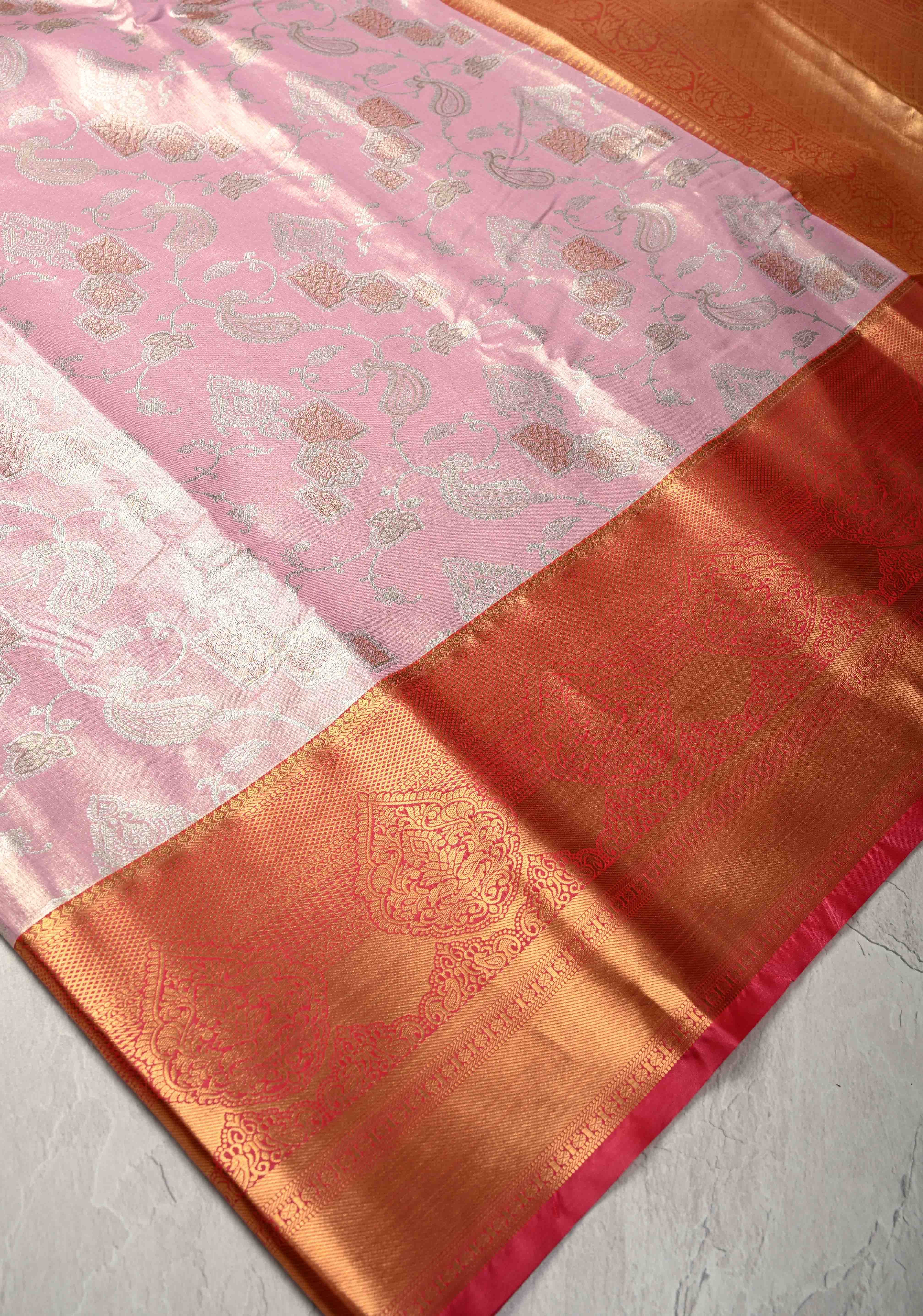 Light Pink Kanjivaram Tissue Semi Silk Saree with Meenakari Brocade and Contrast Zari Border | Shobitam