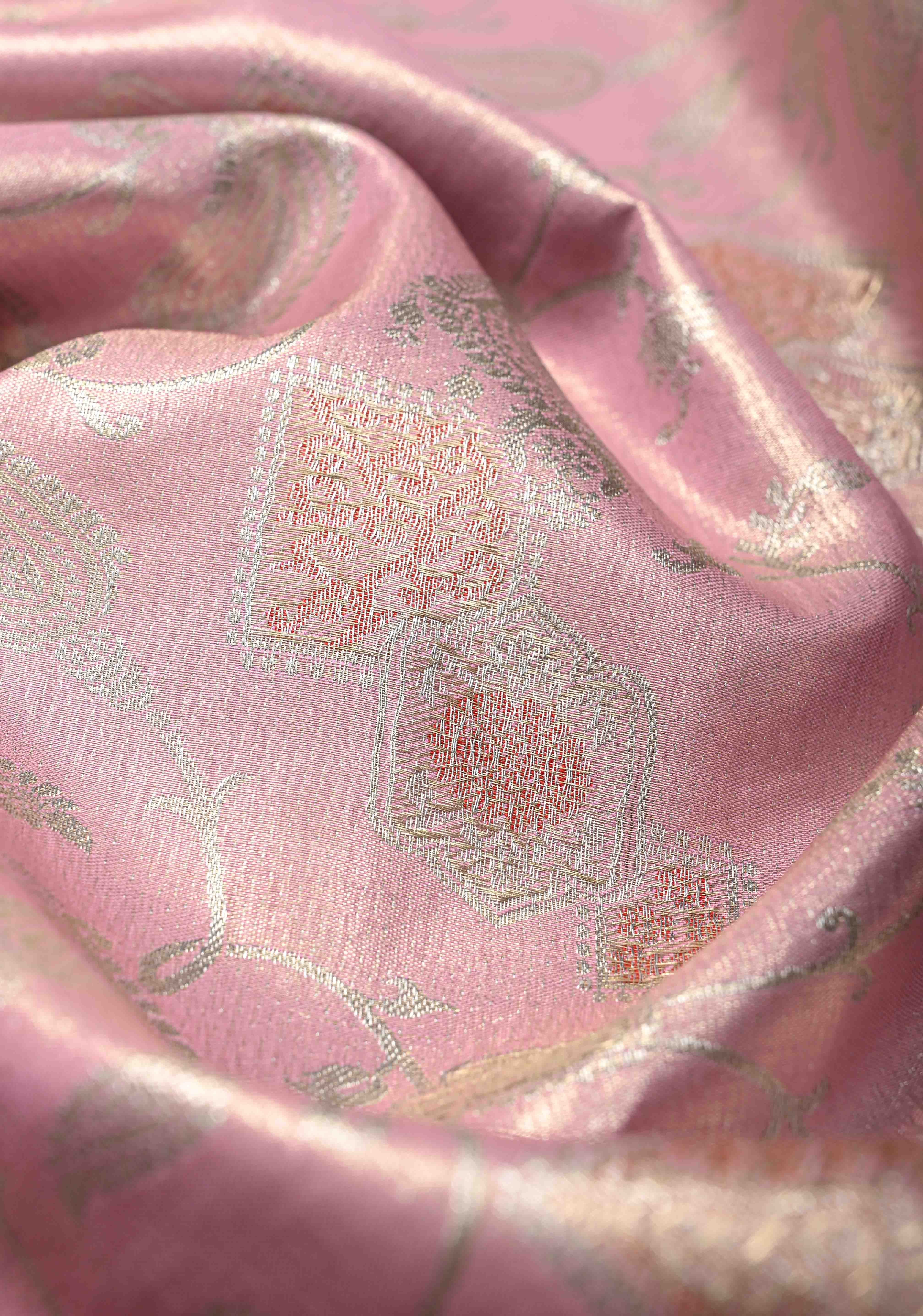 Light Pink Kanjivaram Tissue Semi Silk Saree with Meenakari Brocade and Contrast Zari Border | Shobitam