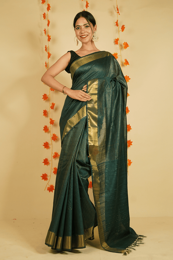 Green Premium Bhagalpuri Cotton Silk with woven zari and sequins all over Wrap in 1 minute saree - Isadora Life Online Shopping Store