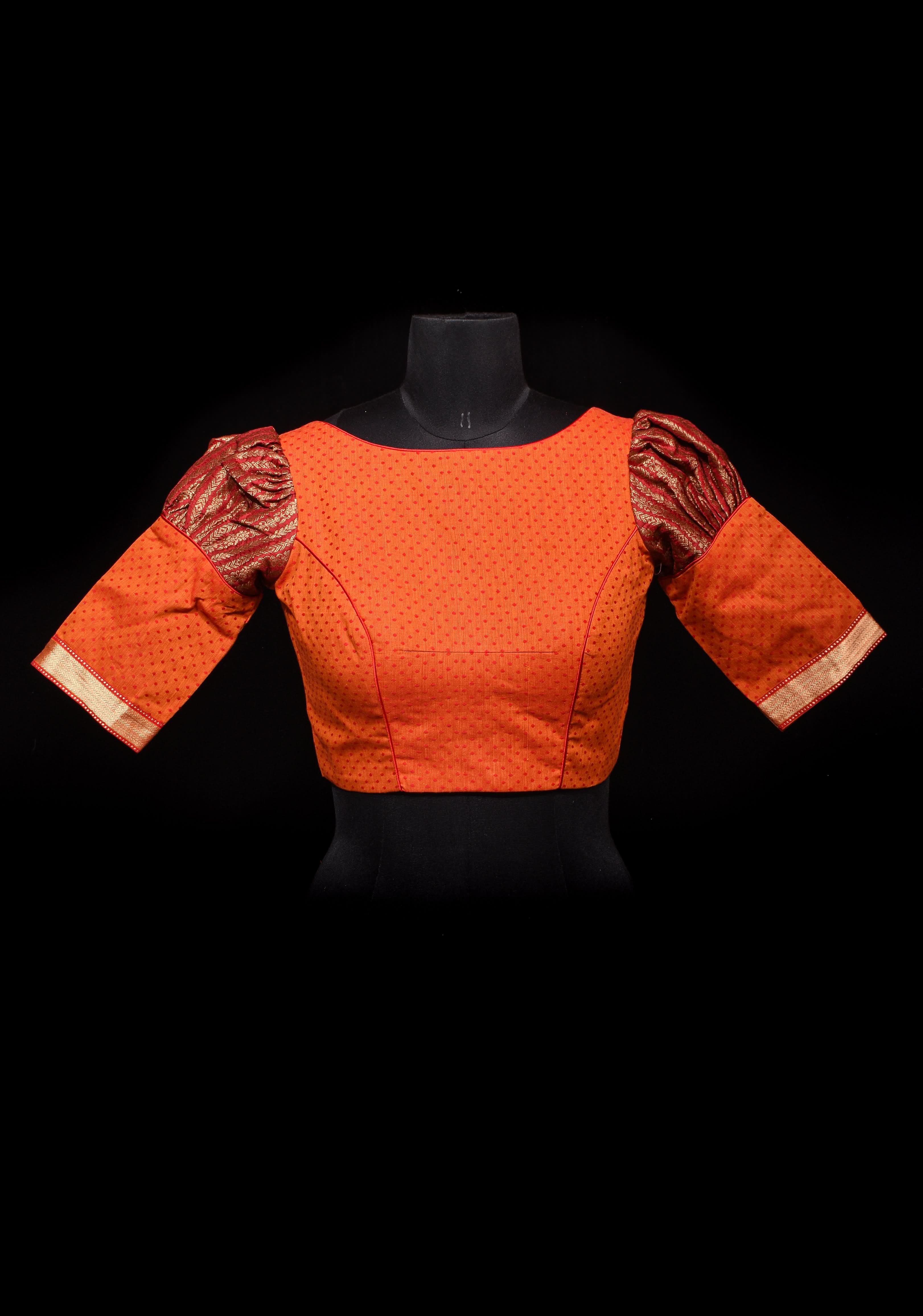 Orange Mangalagiri cotton with Maroon brocade puff sleeve detailing, Customizable, Made to order | Shobitam