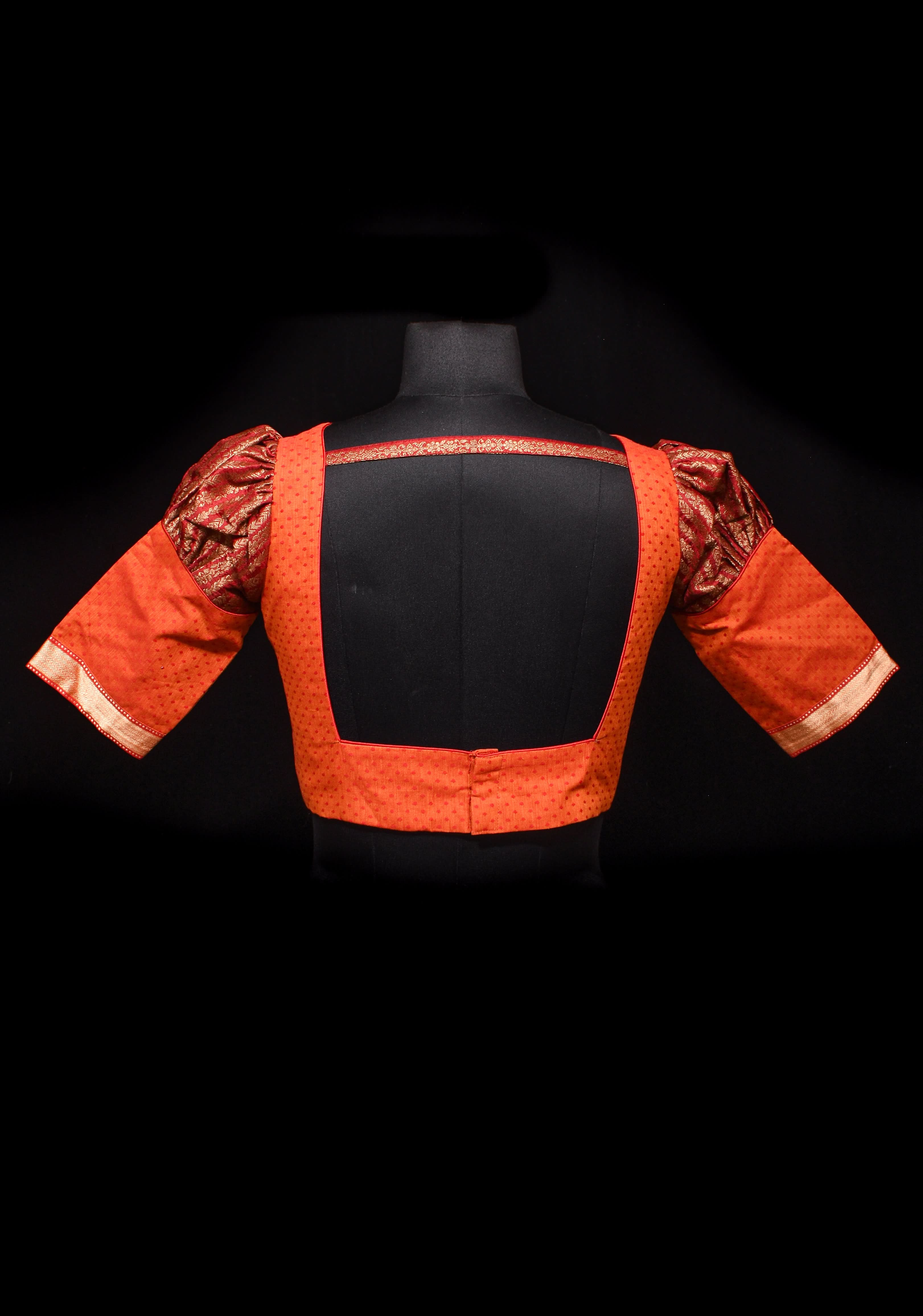 Orange Mangalagiri cotton with Maroon brocade puff sleeve detailing, Customizable, Made to order | Shobitam