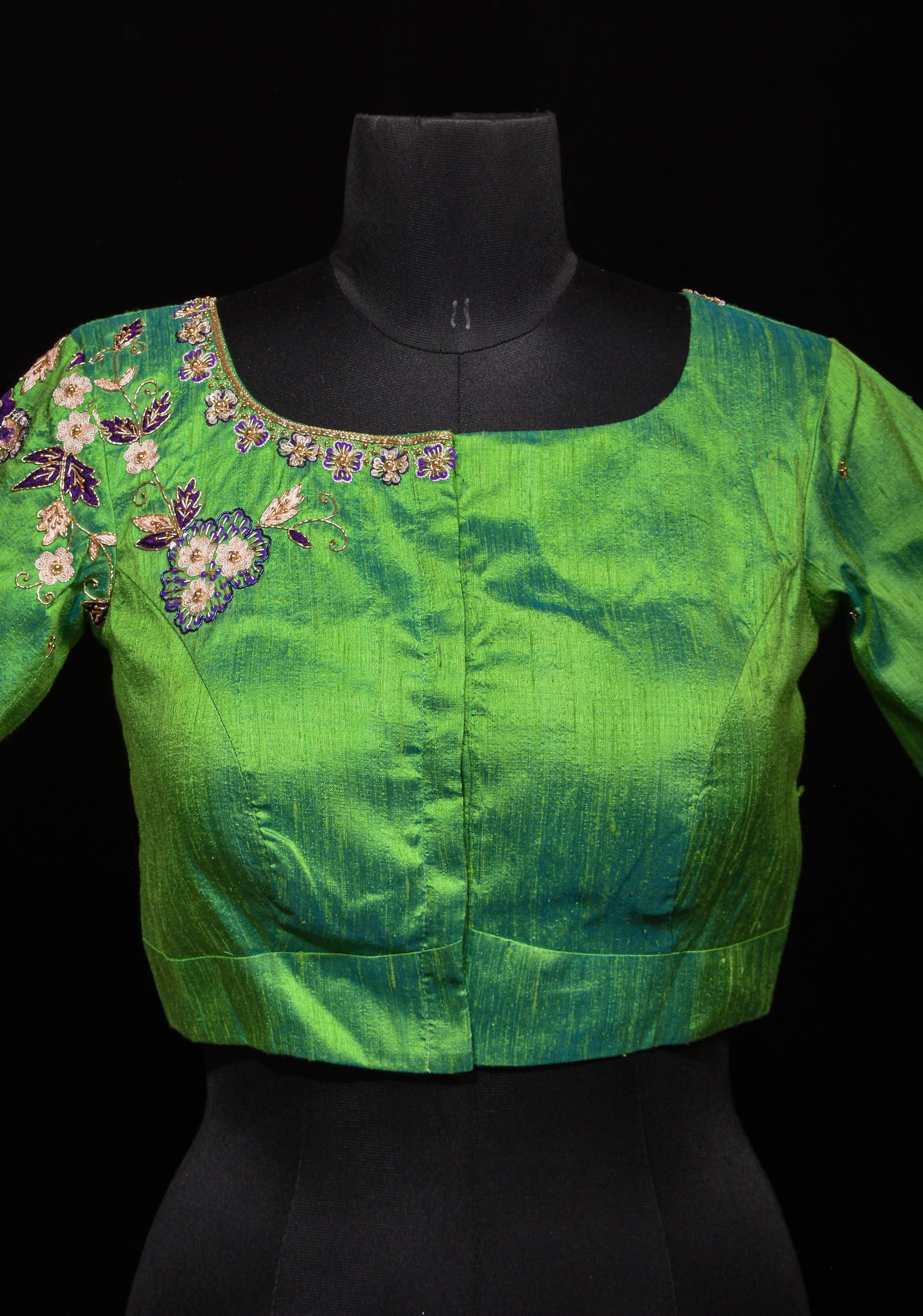 Made to Order: Sea green pure Raw silk blouse with meenakari floral handwork embellishments | Shobitam