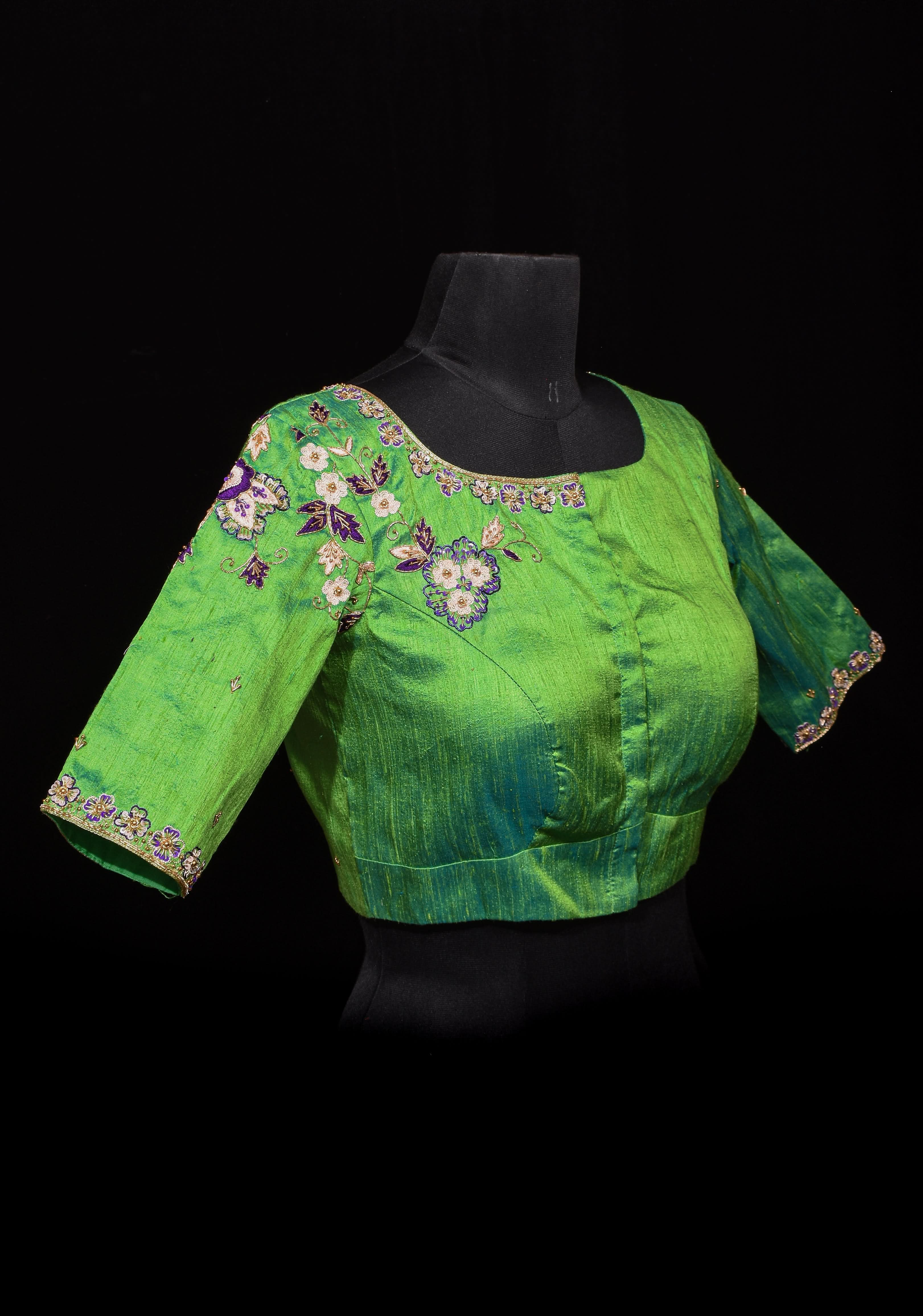Made to Order: Sea green pure Raw silk blouse with meenakari floral handwork embellishments | Shobitam