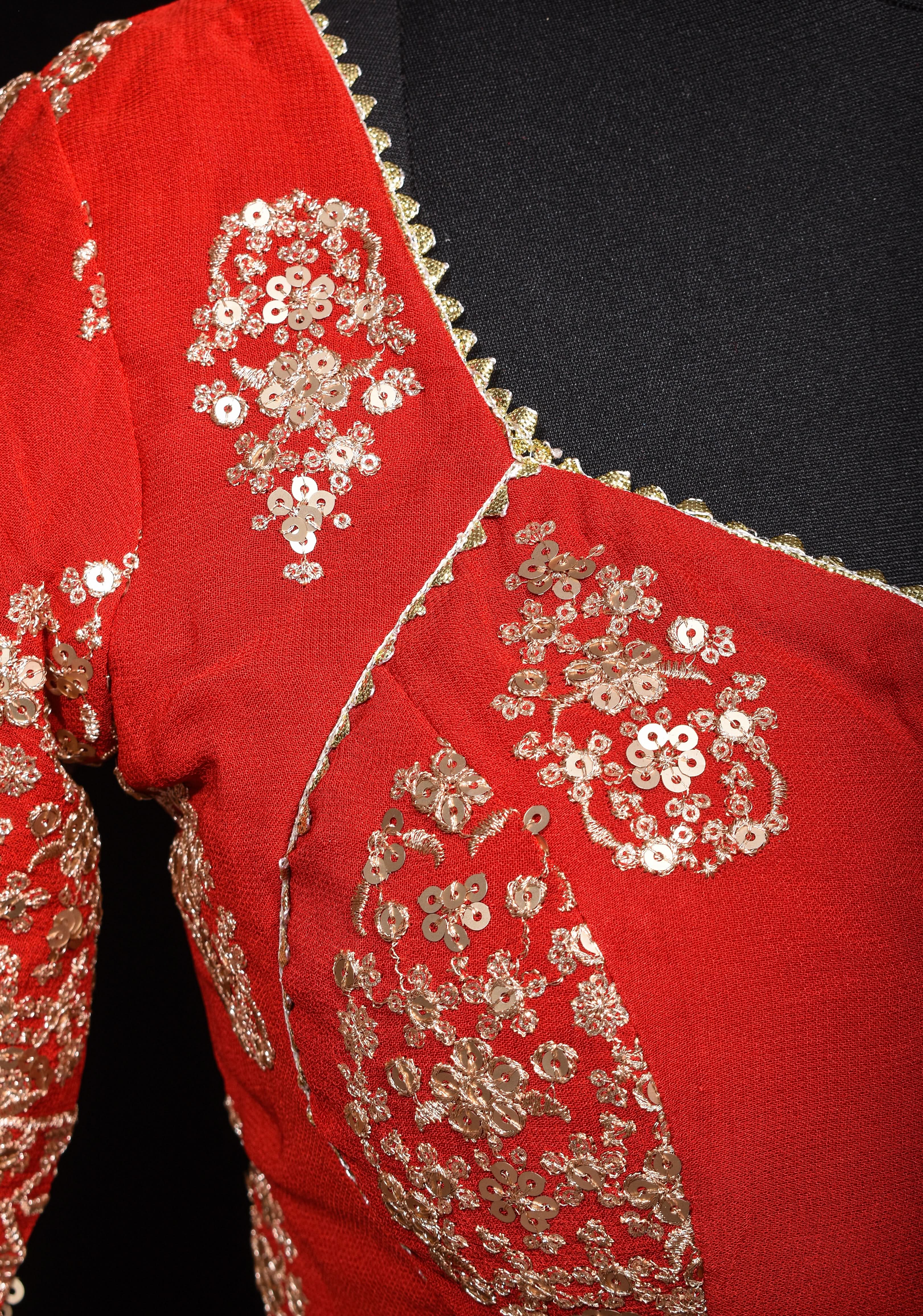 Red and Gold Georgette Blouse with Sequin Work and Gotta Detailing, Customizable, Made to Order | Shobitam
