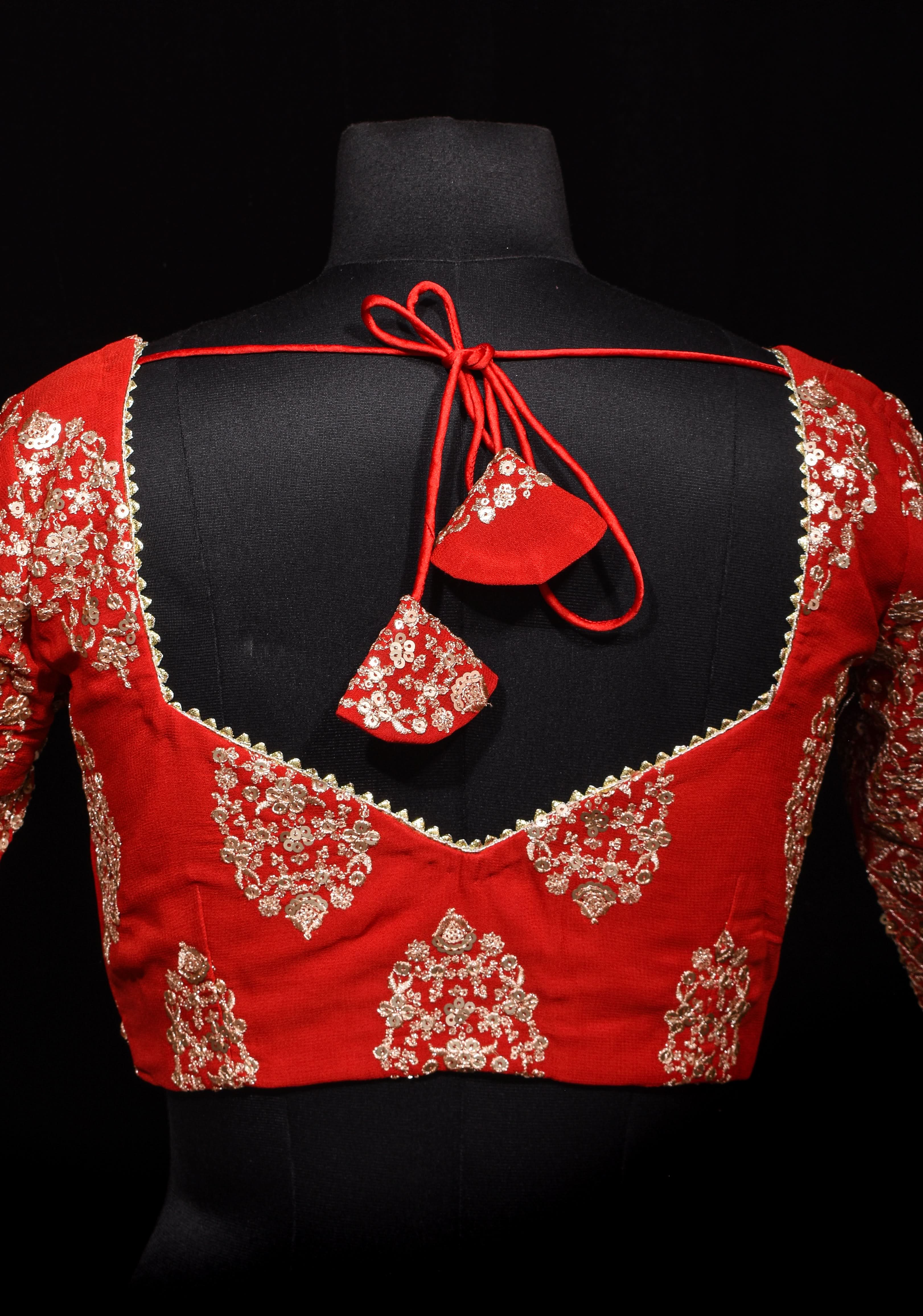 Red and Gold Georgette Blouse with Sequin Work and Gotta Detailing, Customizable, Made to Order | Shobitam