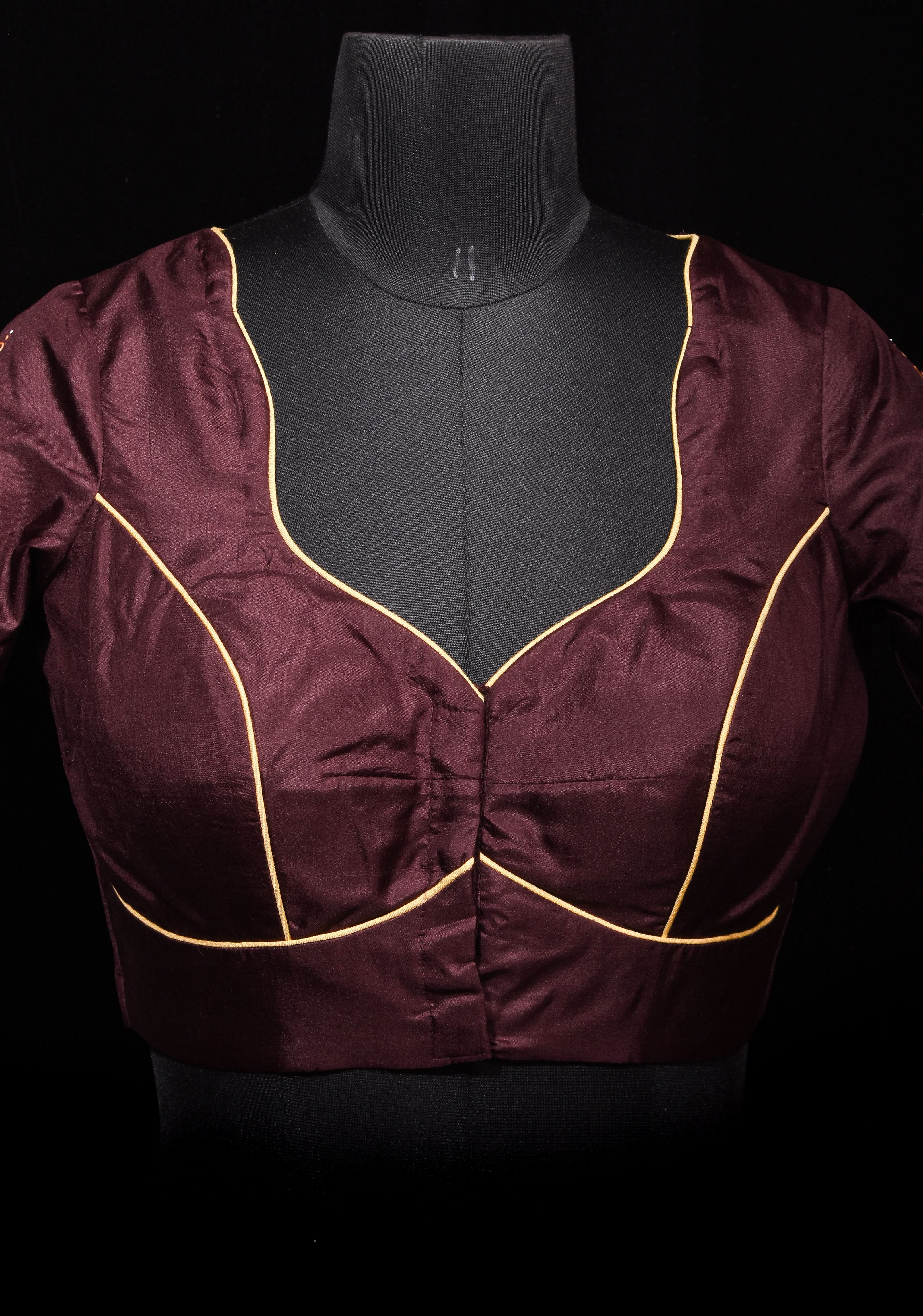 Brown Pure Silk Blouse with 3D Tanjore Art Damansk Motif on Sleeves and Arch Cutout back, Color Customization available, made to order | Shobitam