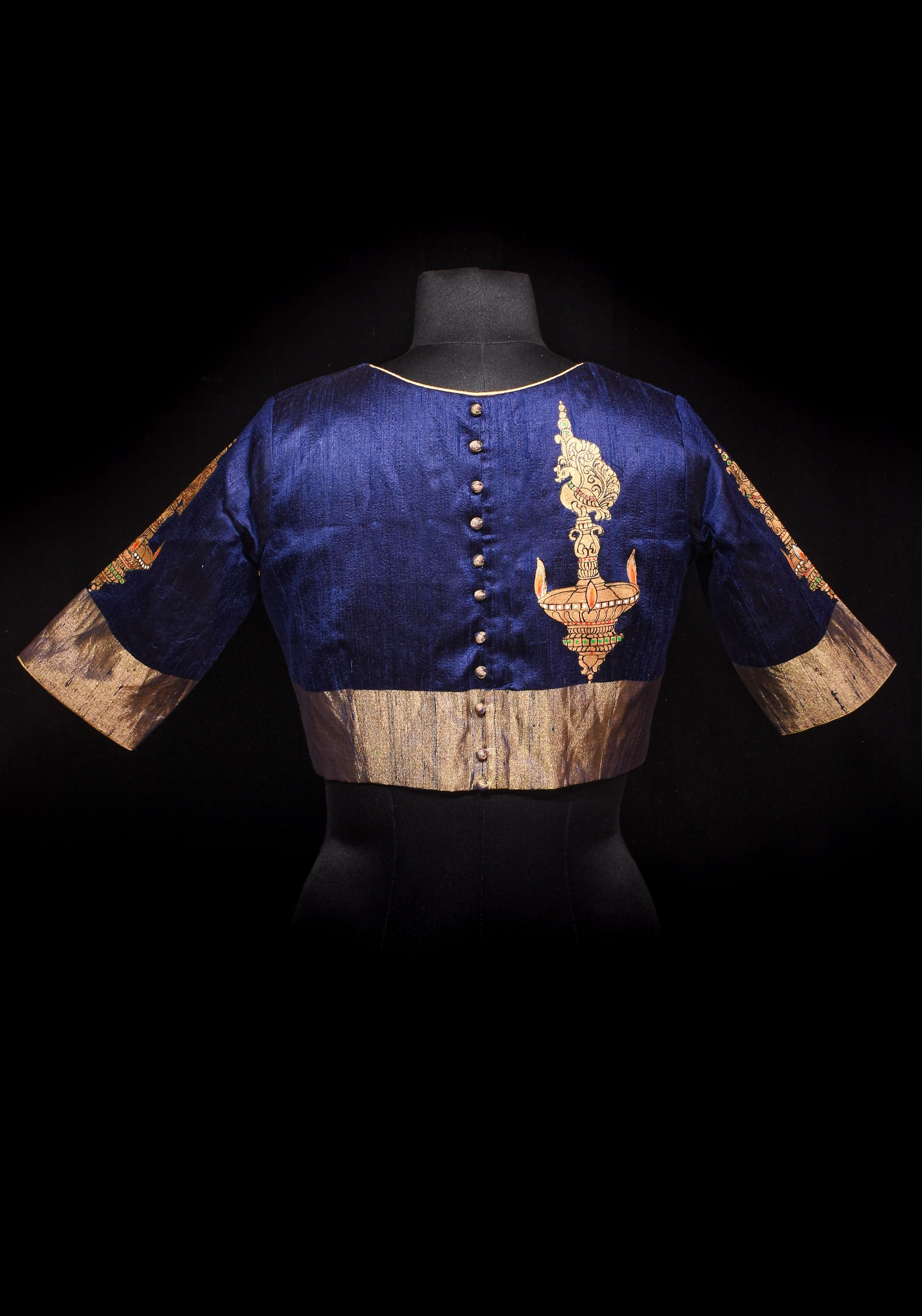 Lamp Handpainting on pure Raw Silk  Navy Blue Blouse with Tissue Borders and Potli detailing, Customizable, made to order | Shobitam