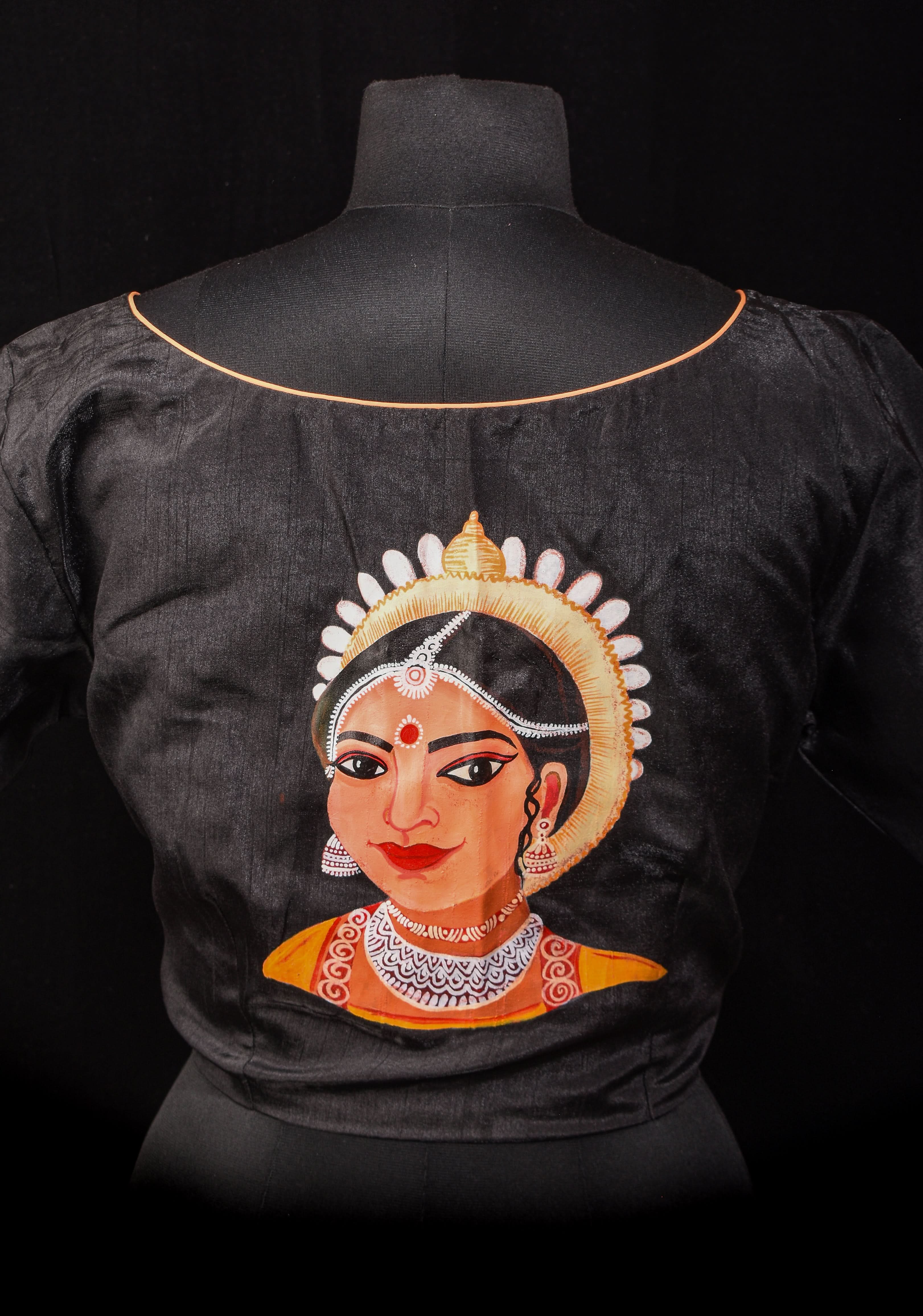 Size 40: Odishi Dancer Face Handpainting on Black Blouse | Shobitam