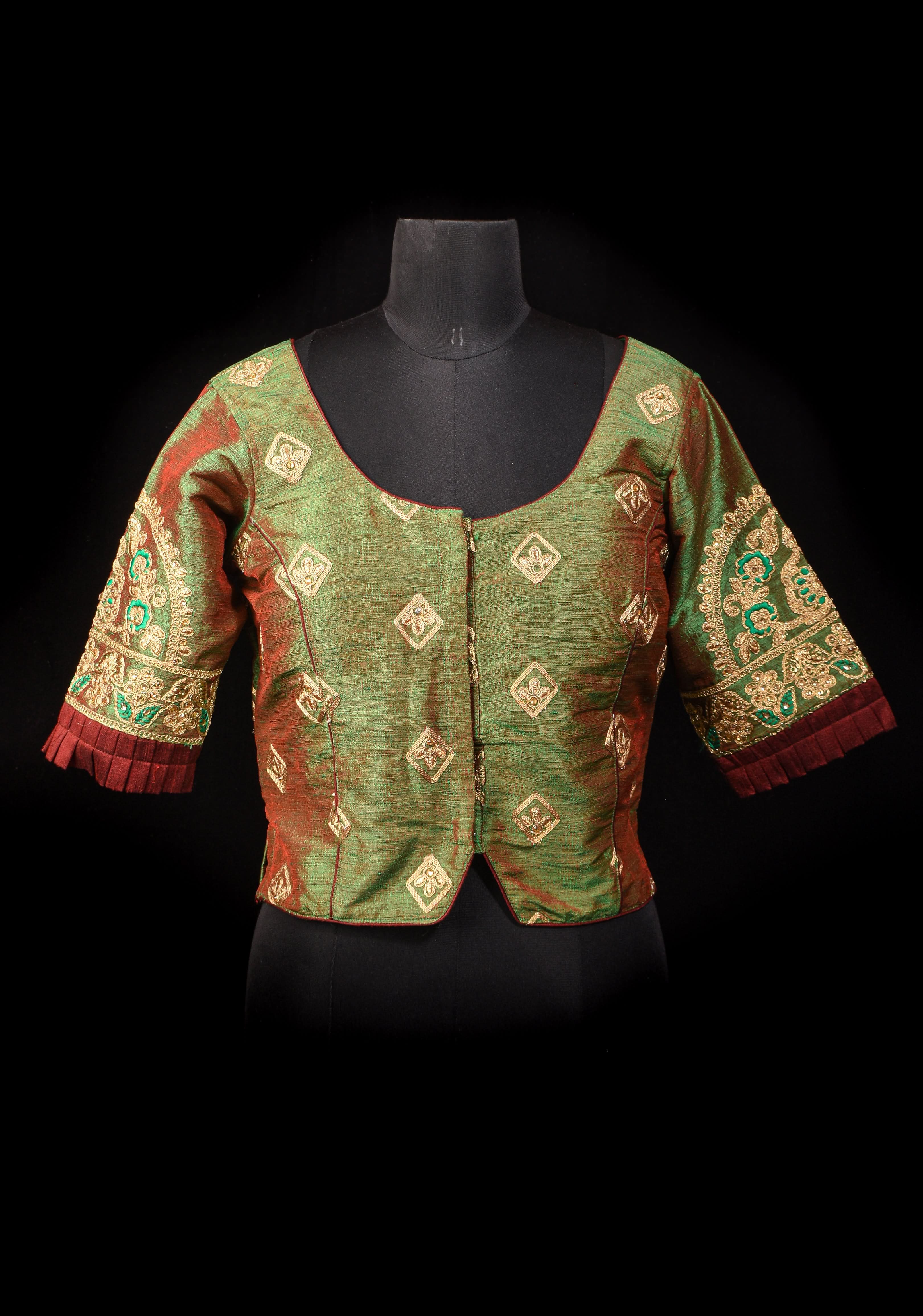 Readymade: Henna Green Semi Raw Silk Medium Length Jacket Blouse with Machine embroidery | Shobitam