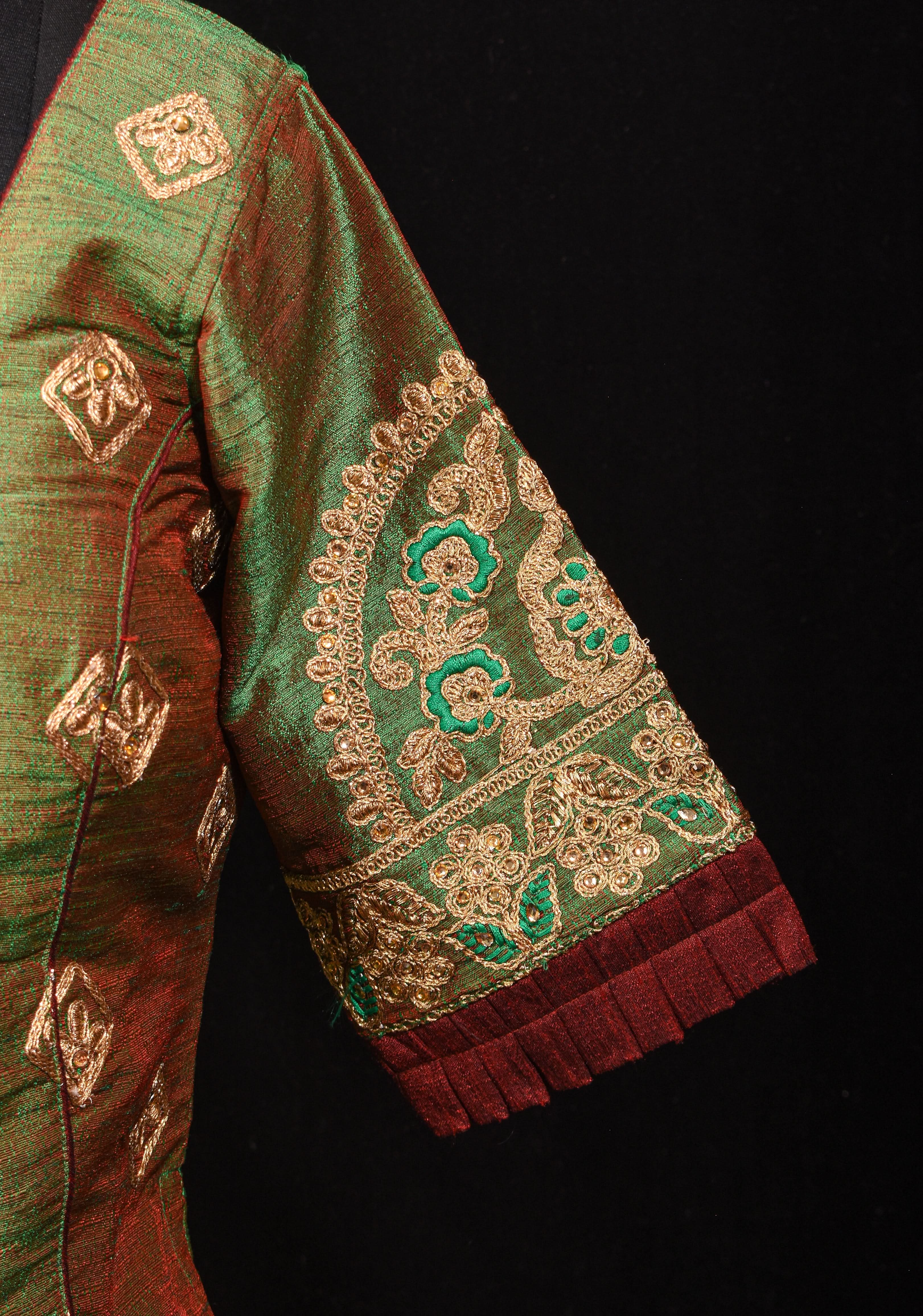Readymade: Henna Green Semi Raw Silk Medium Length Jacket Blouse with Machine embroidery | Shobitam
