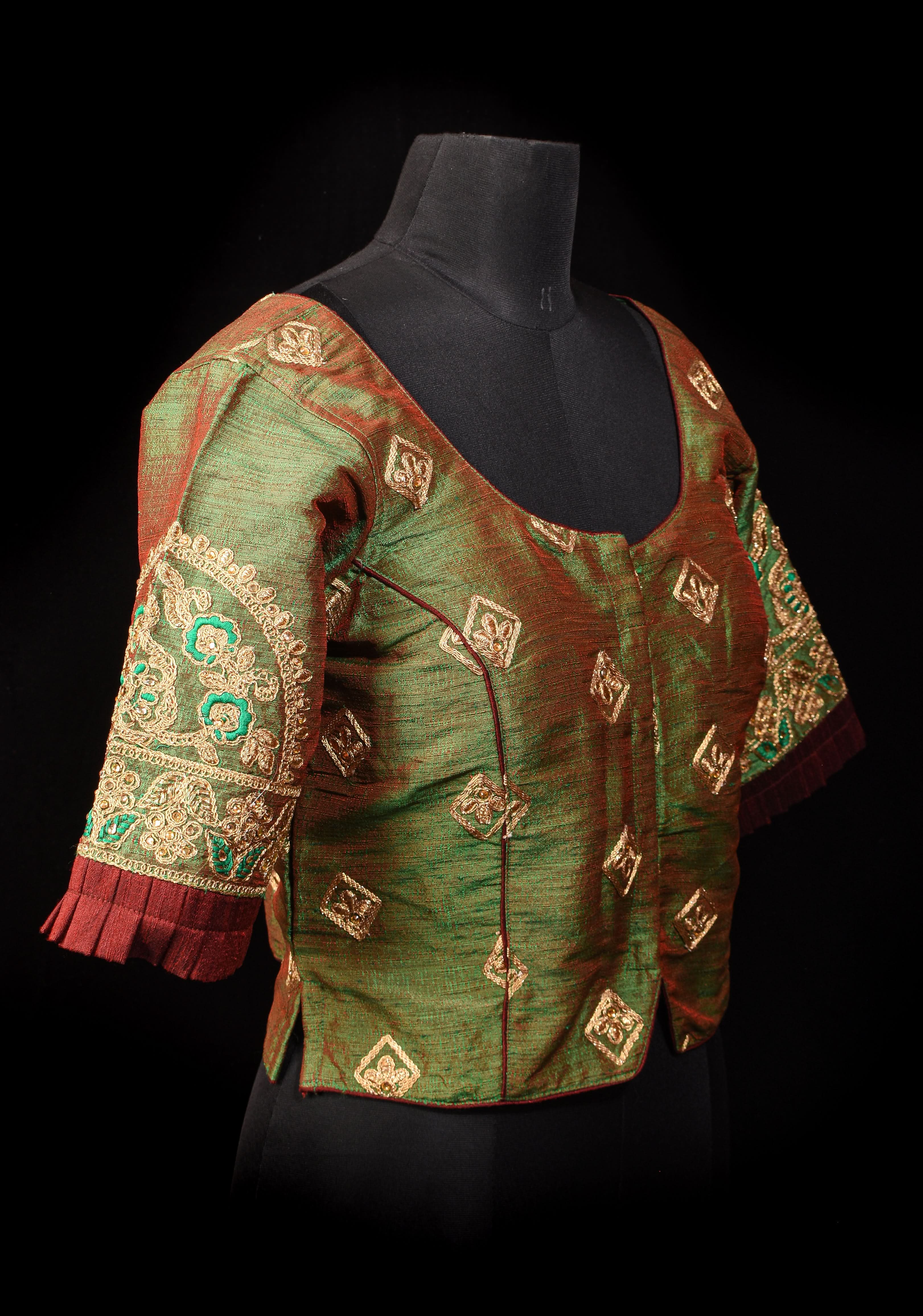 Readymade: Henna Green Semi Raw Silk Medium Length Jacket Blouse with Machine embroidery | Shobitam