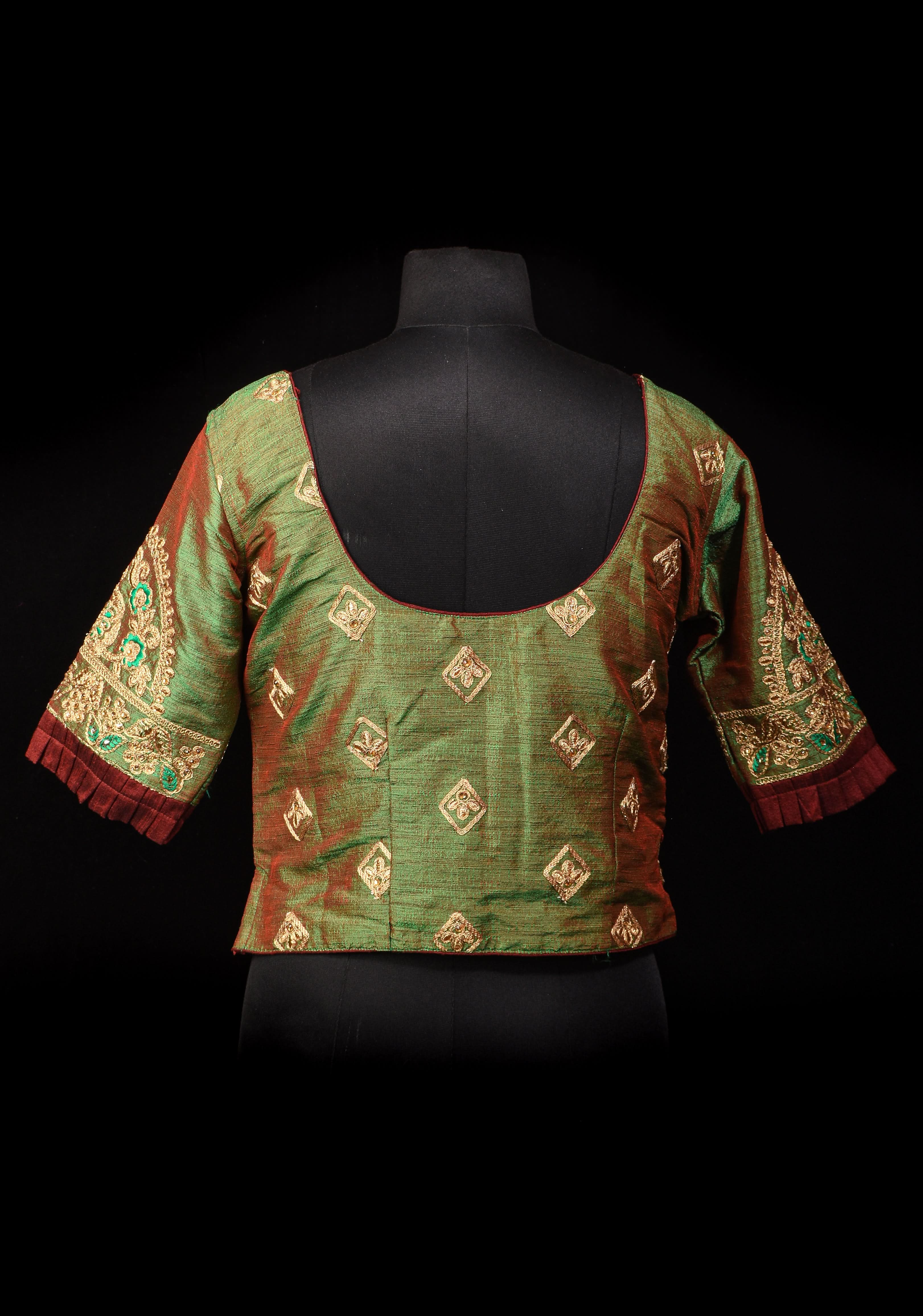 Readymade: Henna Green Semi Raw Silk Medium Length Jacket Blouse with Machine embroidery | Shobitam