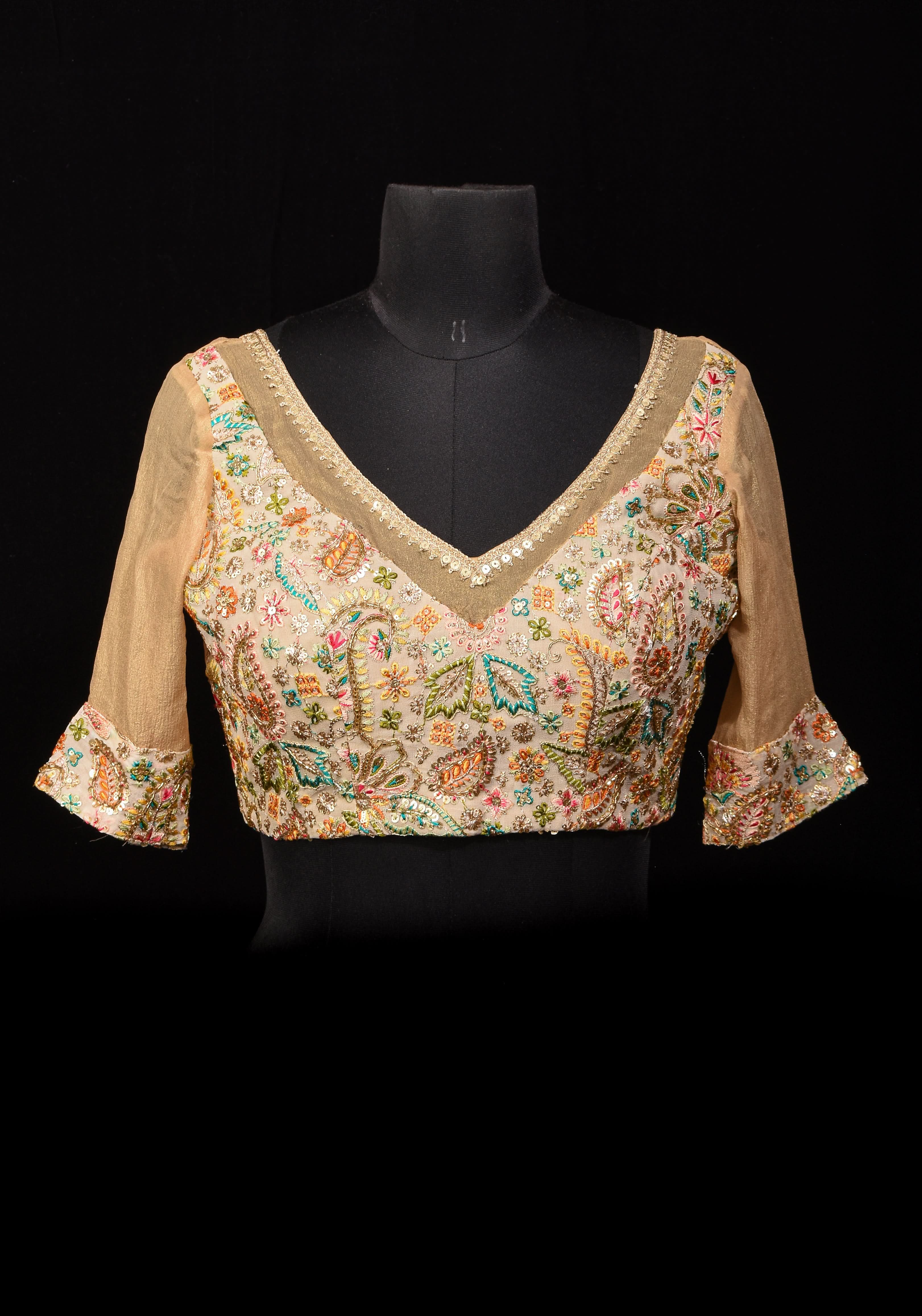 Cream Georgette Embroidered Blouse sequin cutdana and pure  Tissue Chiffon detailing, Customizable, Made To Order | Shobitam