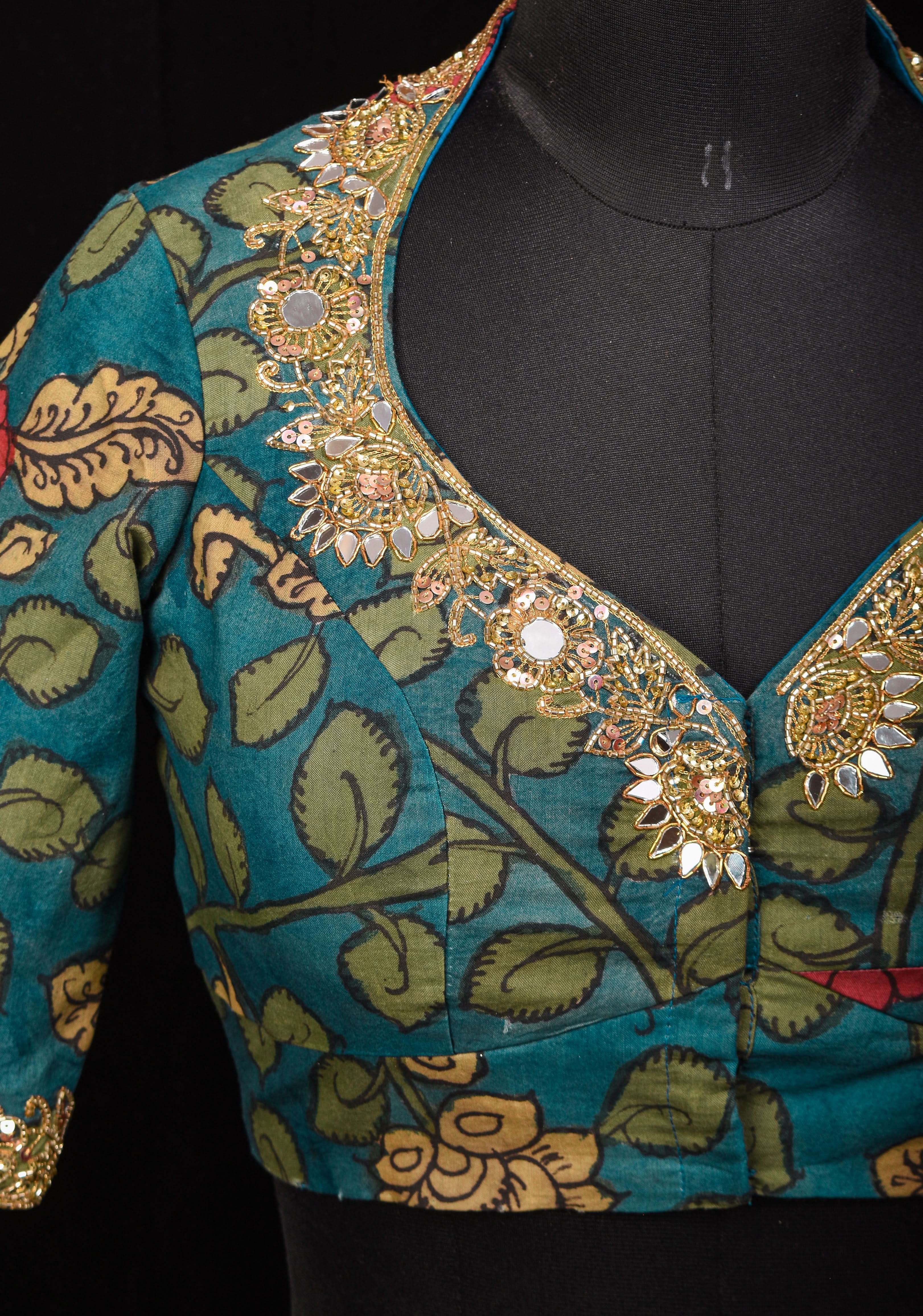 Teal Floral Authentic Pen Kalamkari Blouse with extensive Cutdana and Mirror work detailing, Customizable, Made To Order | Shobitam
