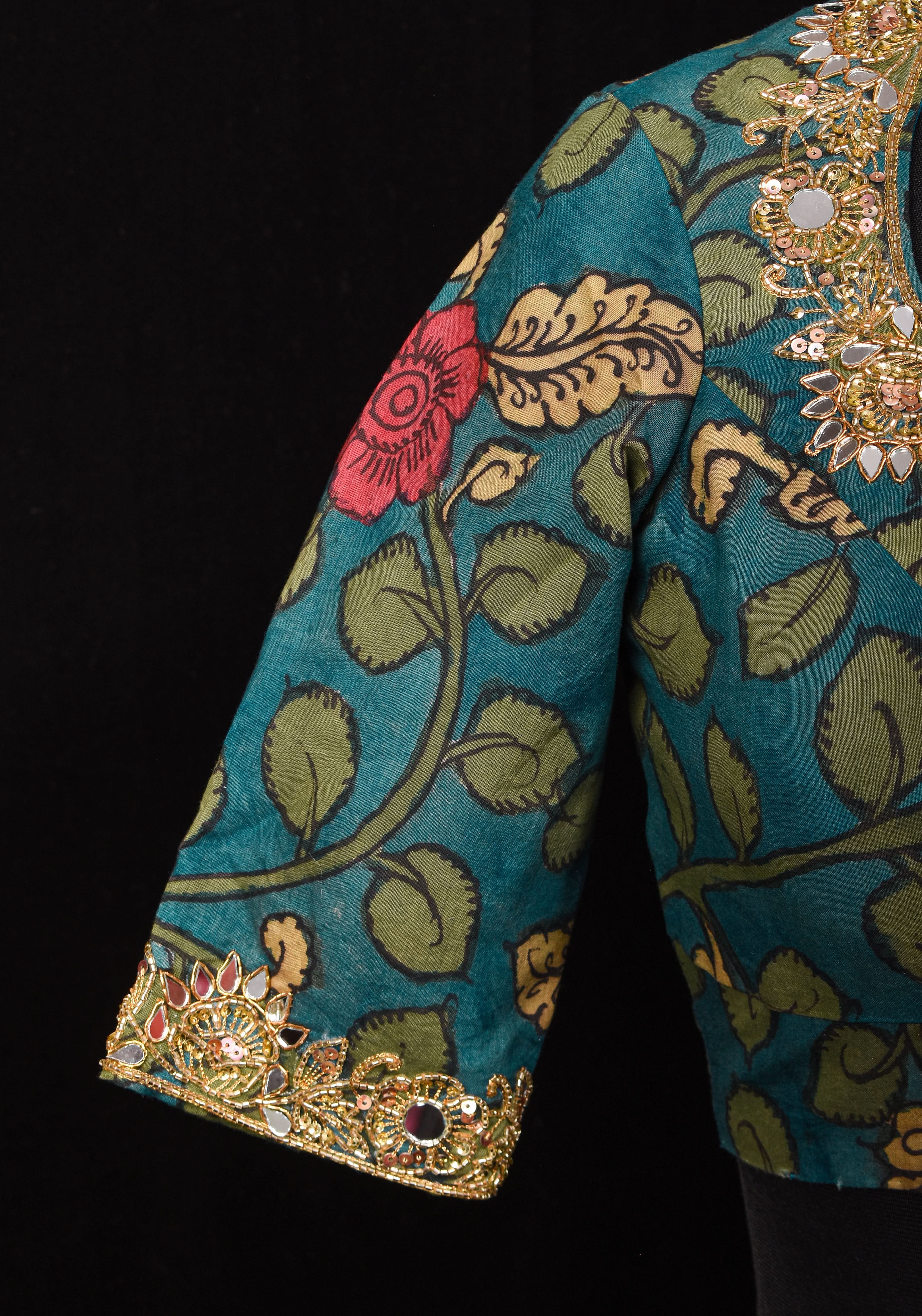 Teal Floral Authentic Pen Kalamkari Blouse with extensive Cutdana and Mirror work detailing, Customizable, Made To Order | Shobitam