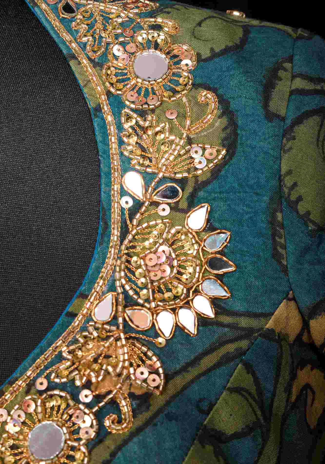 Teal Floral Authentic Pen Kalamkari Blouse with extensive Cutdana and Mirror work detailing, Customizable, Made To Order