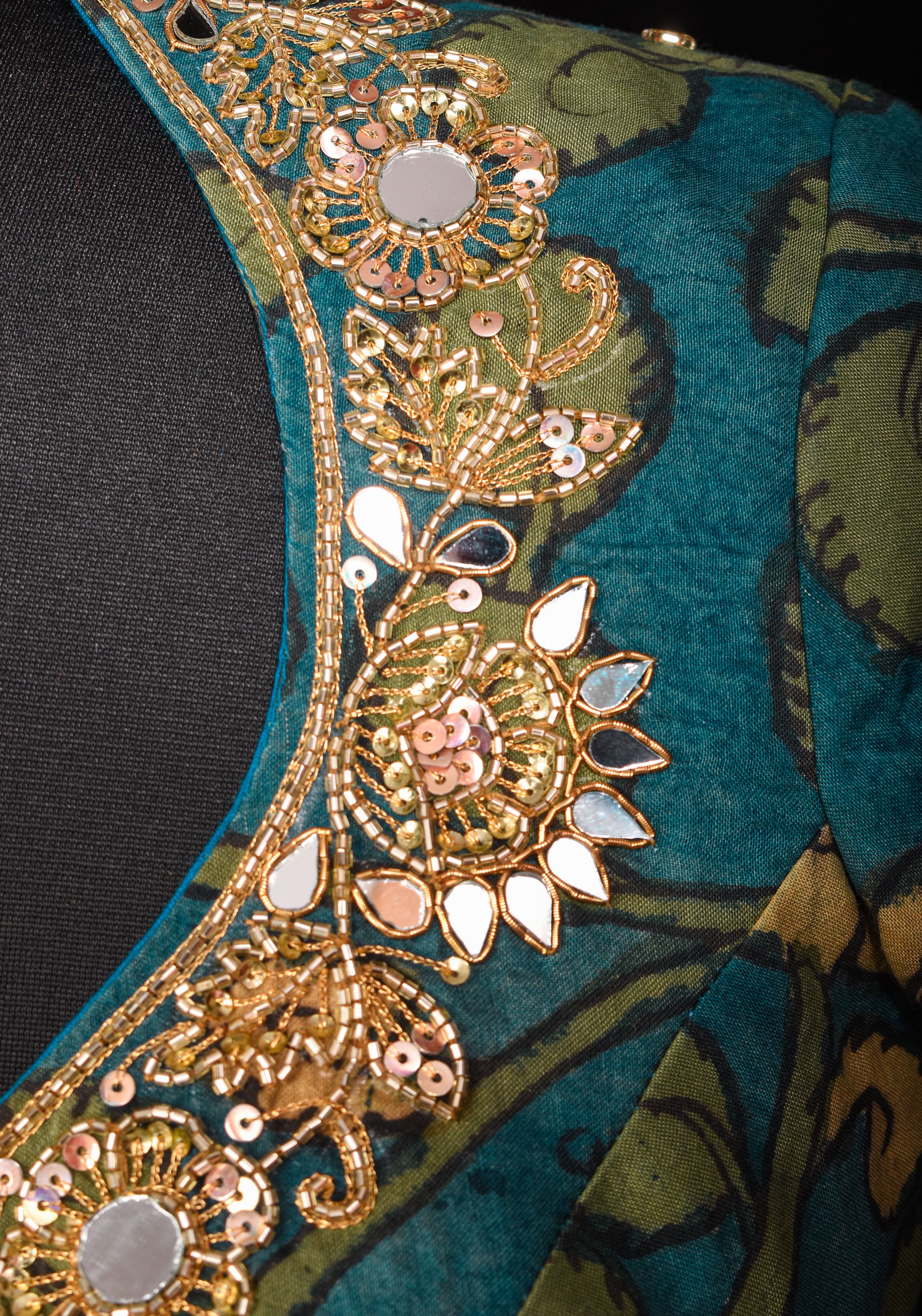 Teal Floral Authentic Pen Kalamkari Blouse with extensive Cutdana and Mirror work detailing, Customizable, Made To Order | Shobitam