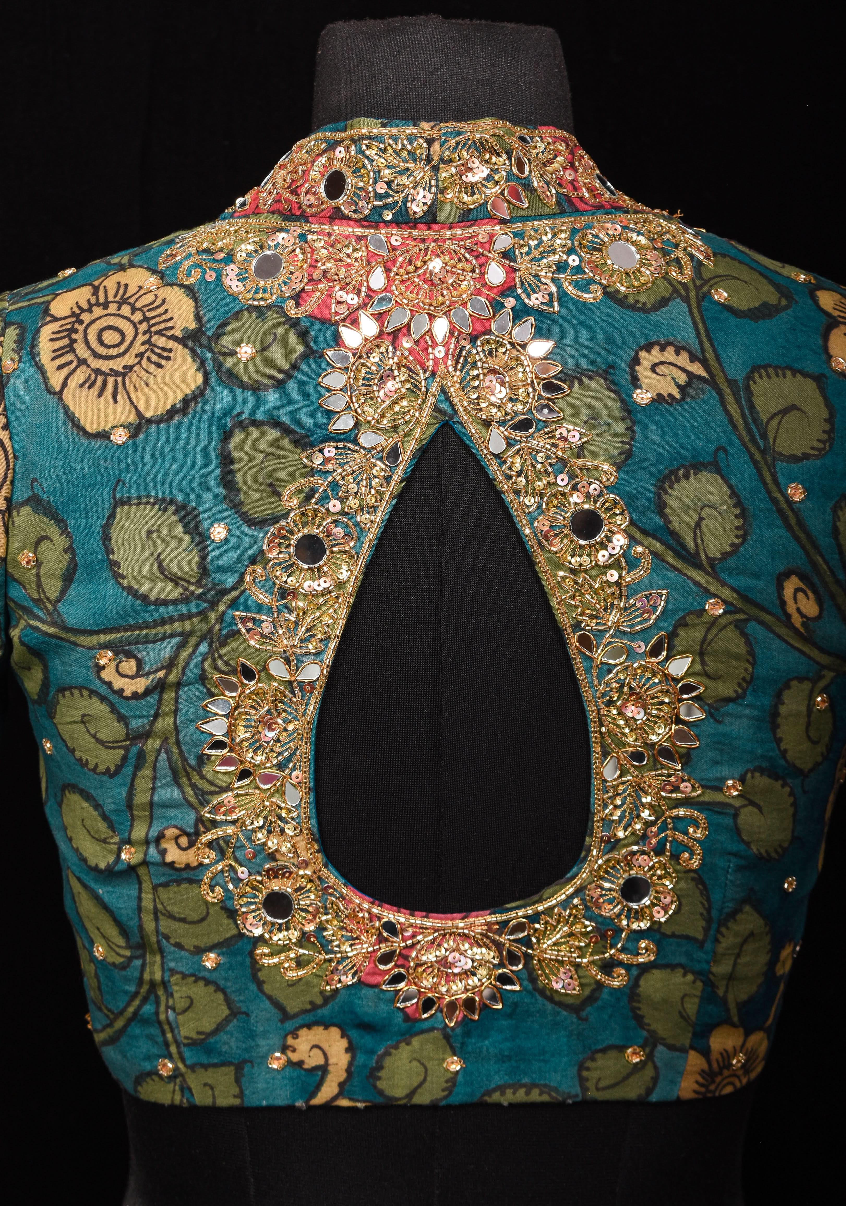 Teal Floral Authentic Pen Kalamkari Blouse with extensive Cutdana and Mirror work detailing, Customizable, Made To Order | Shobitam