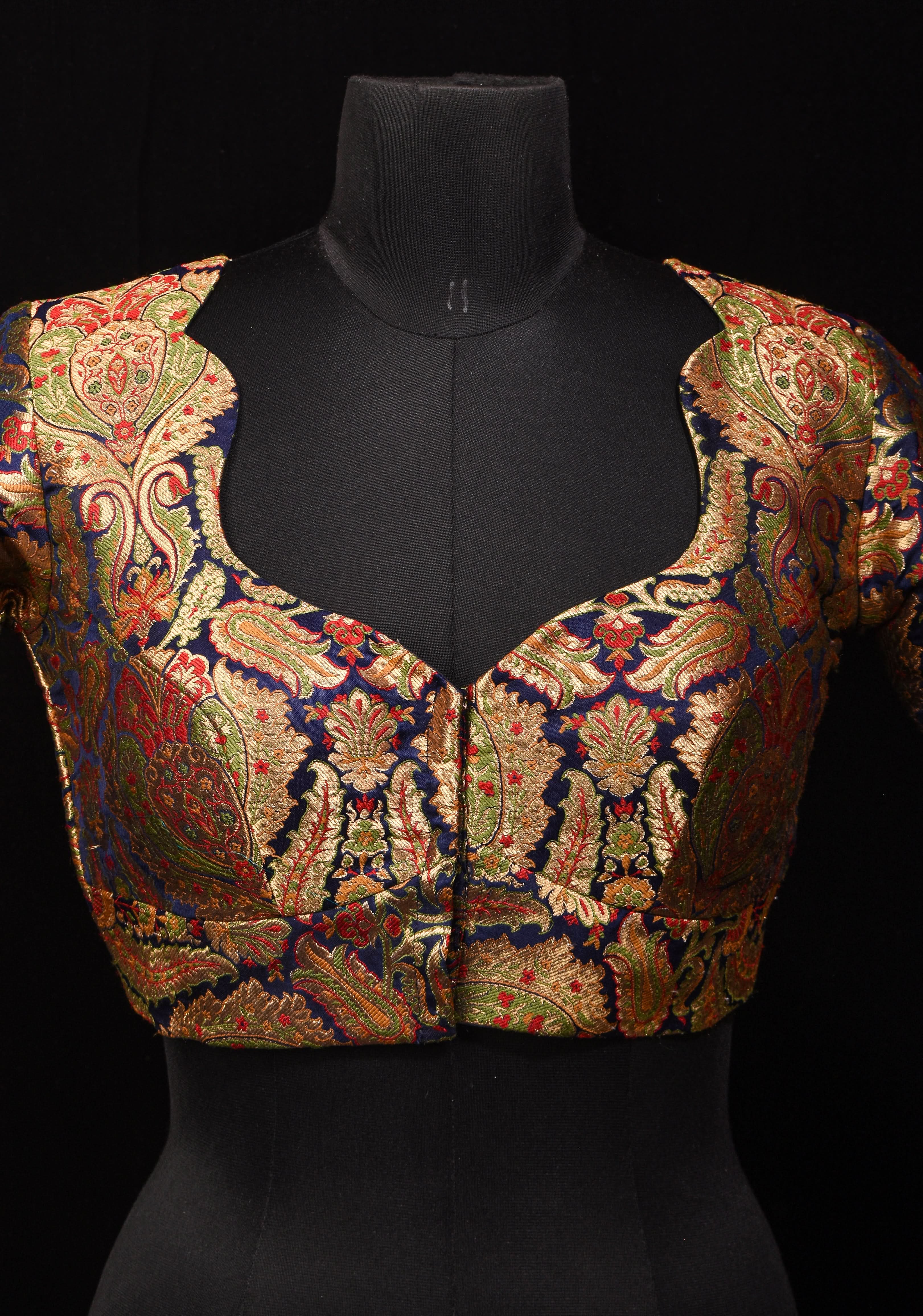 Khimkhwab Meenakari Brocade Blouse in Navy Blue Base and Arch Neck, customizable, made-to-order | Shobitam