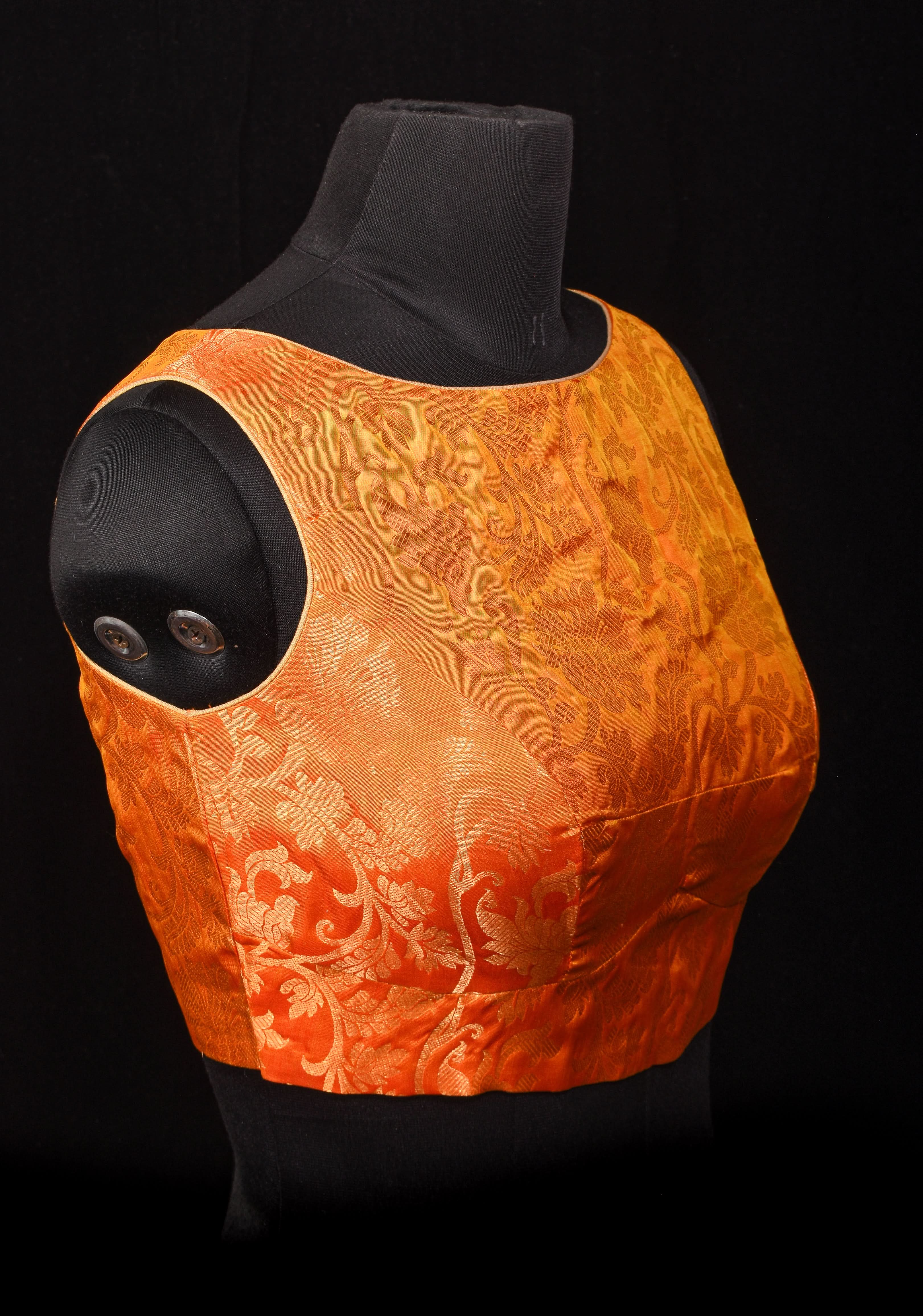 Orange Kanjivaram floral brocade sleeveless blouse, Customizable, Made to order | Shobitam