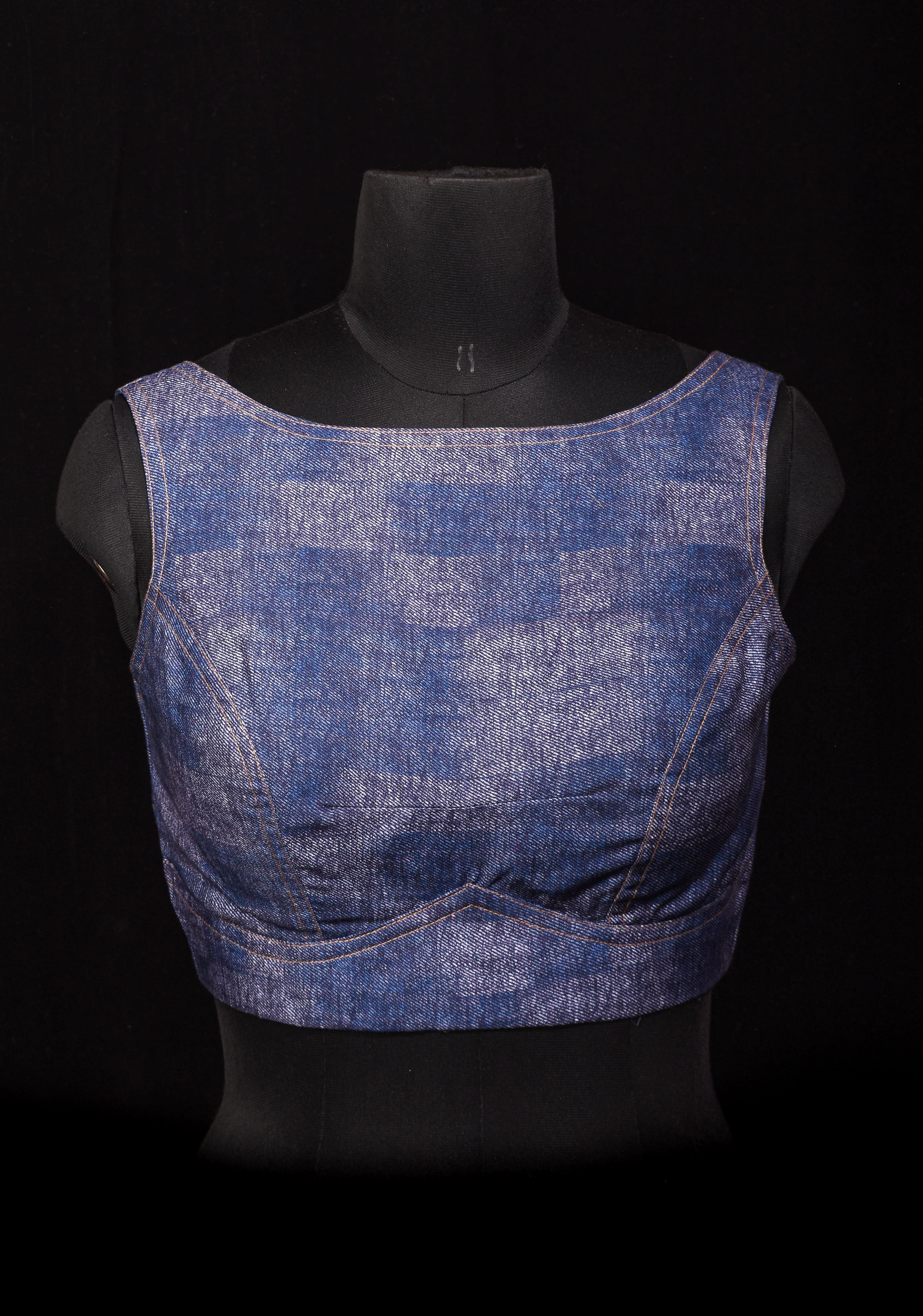 Denim Cotton Boat neck Sleeveless Blouse with Wooden Buttons, Customizable, Made To Order | Shobitam