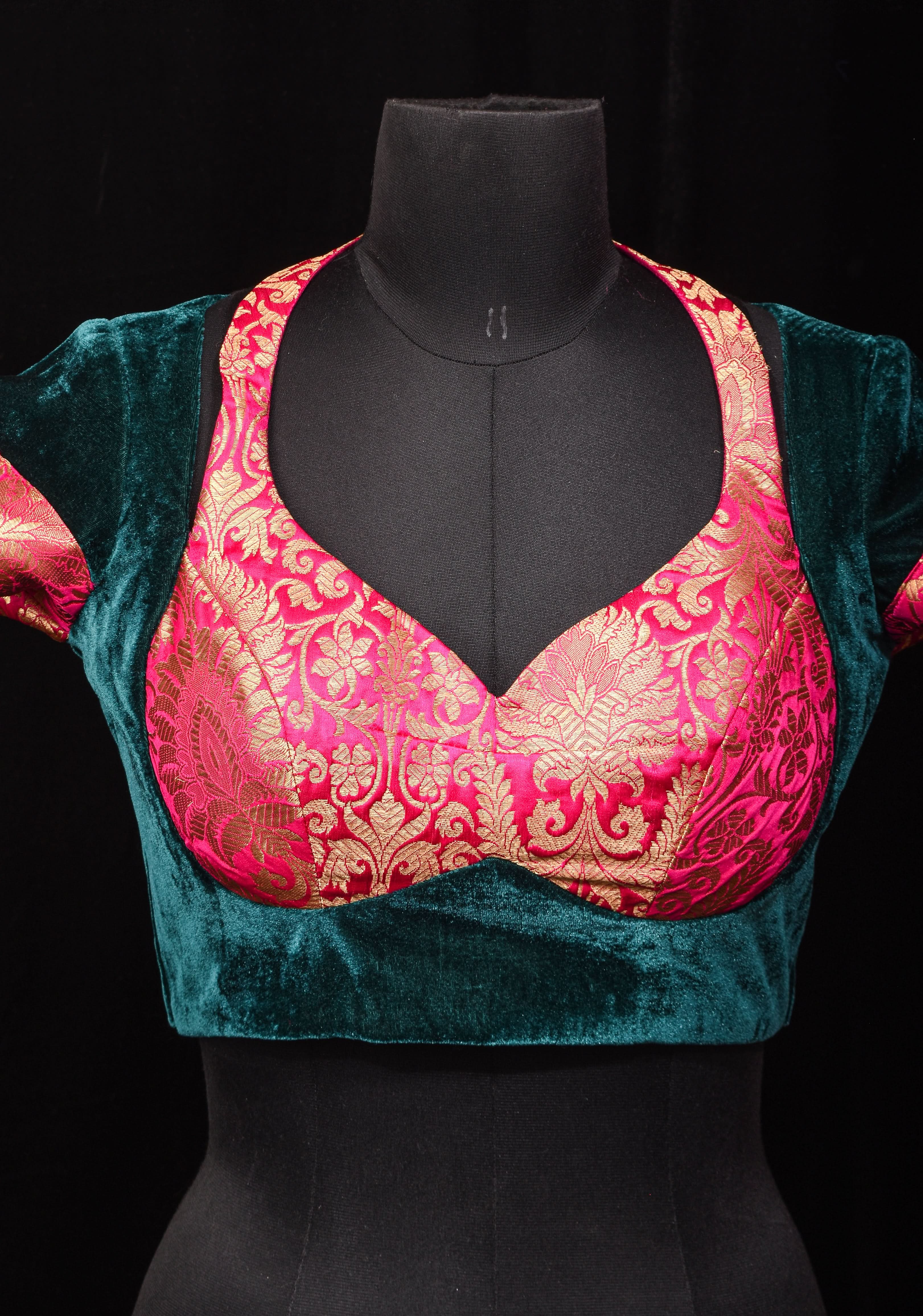 Green Pink Halter and Bustier Layered Look Blouse in Velvet and Banarasi Brocade, Customizable, Made to Order | Shobitam