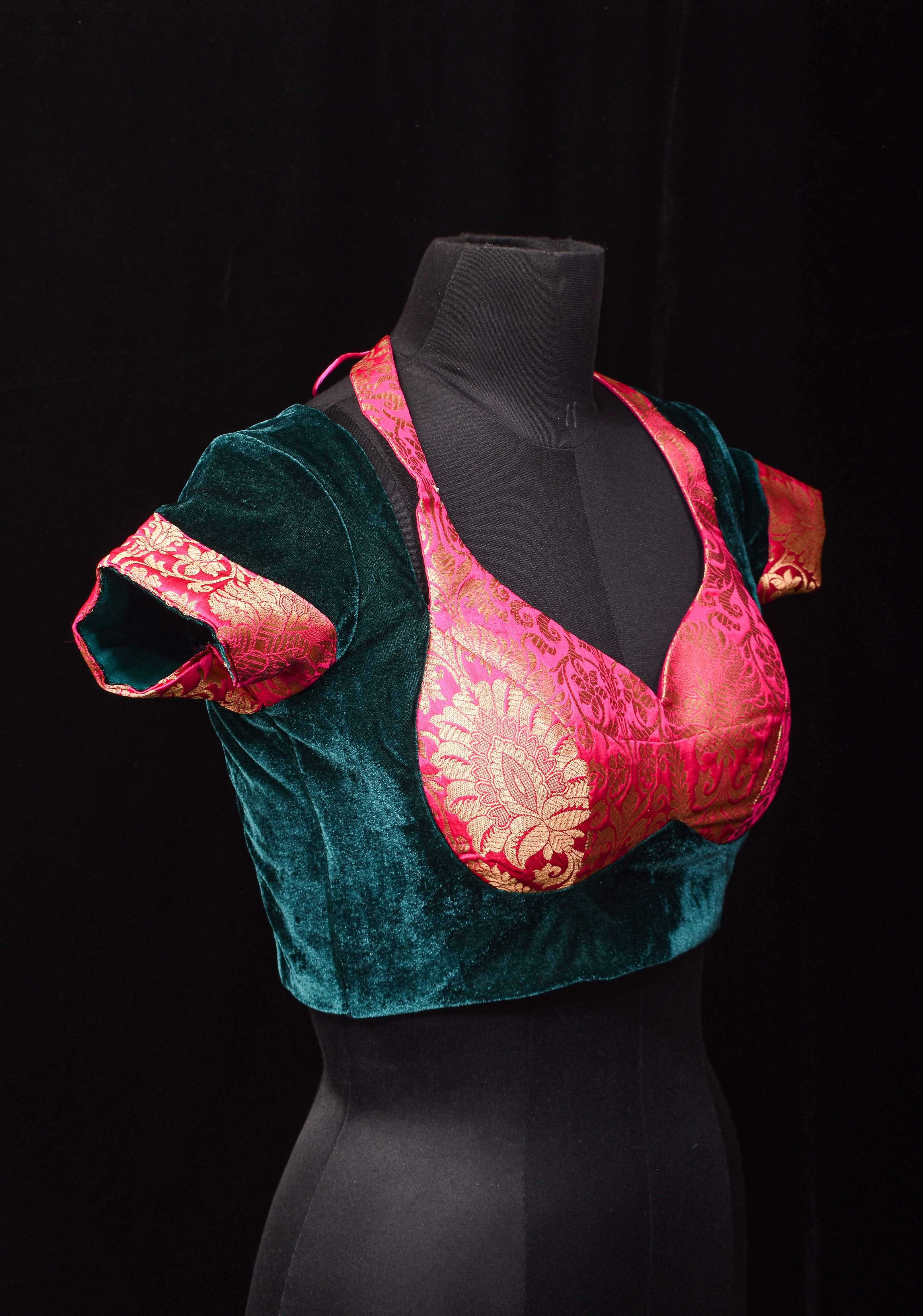 Green Pink Halter and Bustier Layered Look Blouse in Velvet and Banarasi Brocade, Customizable, Made to Order | Shobitam