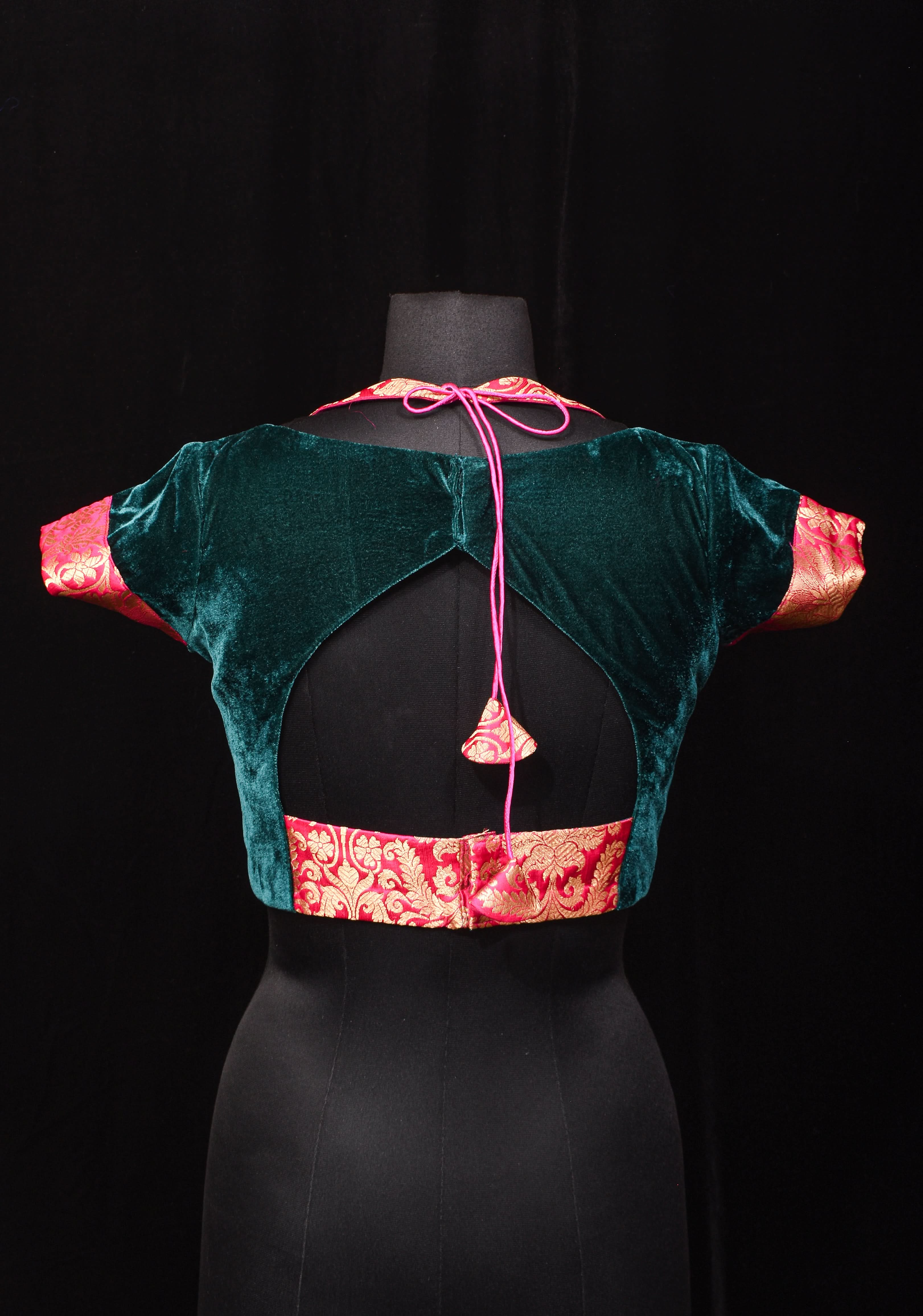 Green Pink Halter and Bustier Layered Look Blouse in Velvet and Banarasi Brocade, Customizable, Made to Order | Shobitam