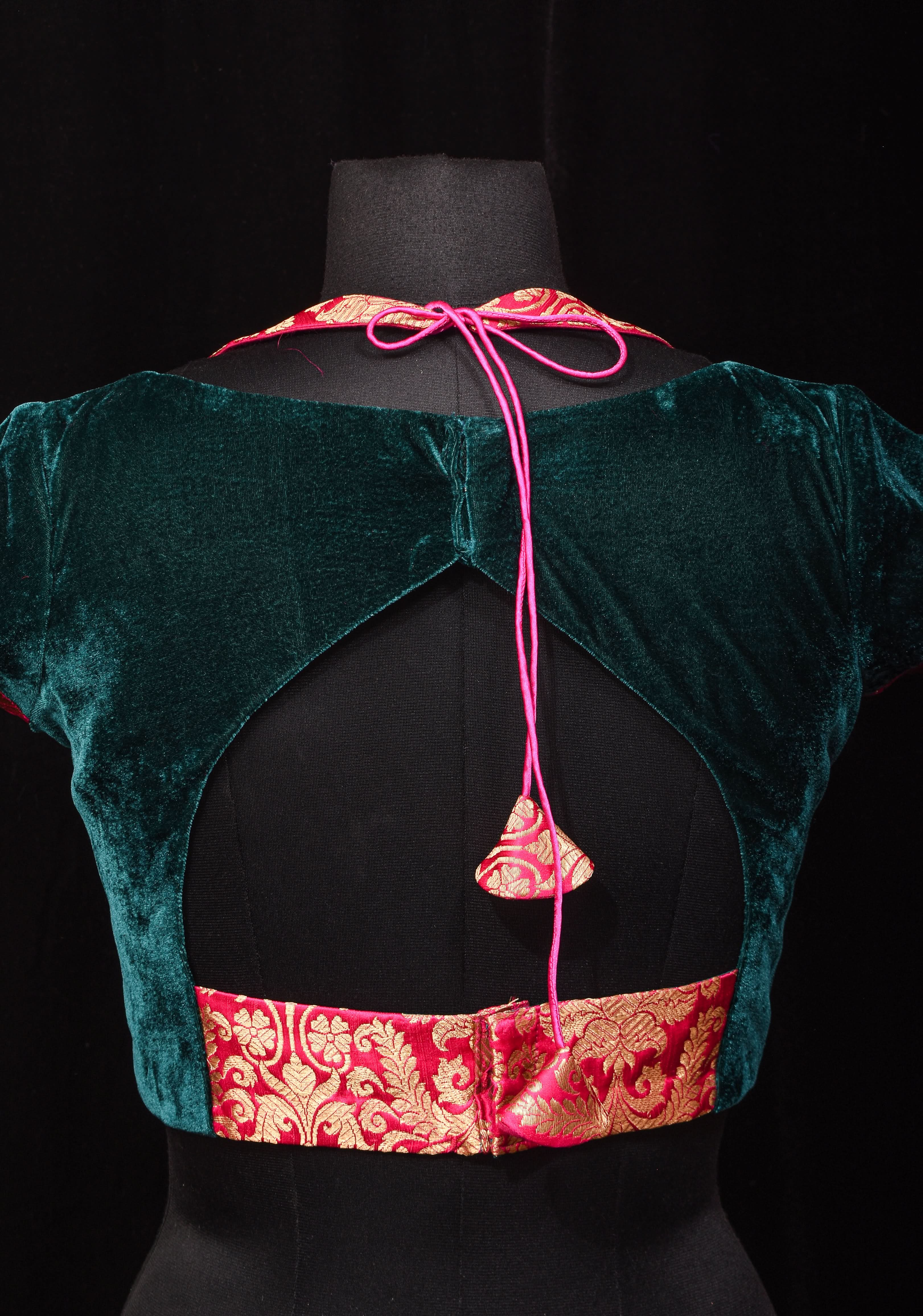 Green Pink Halter and Bustier Layered Look Blouse in Velvet and Banarasi Brocade, Customizable, Made to Order | Shobitam