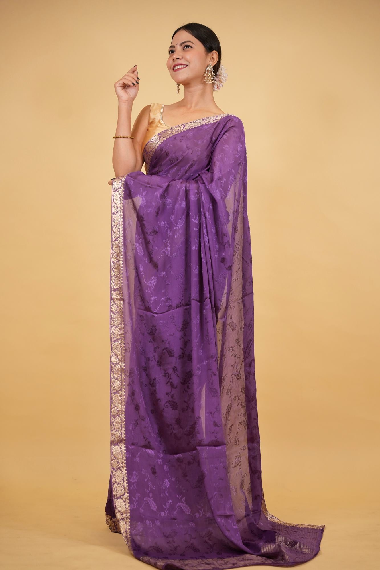 Royal Purple Viscose Chinon with Elegant All-Over Weaving Pattern Ready To Wear Saree