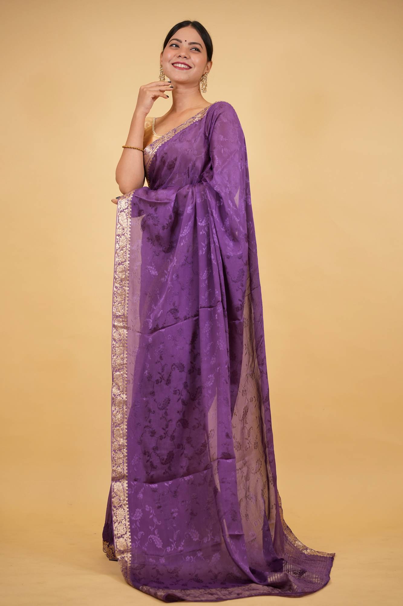 Royal Purple Viscose Chinon with Elegant All-Over Weaving Pattern Ready To Wear Saree