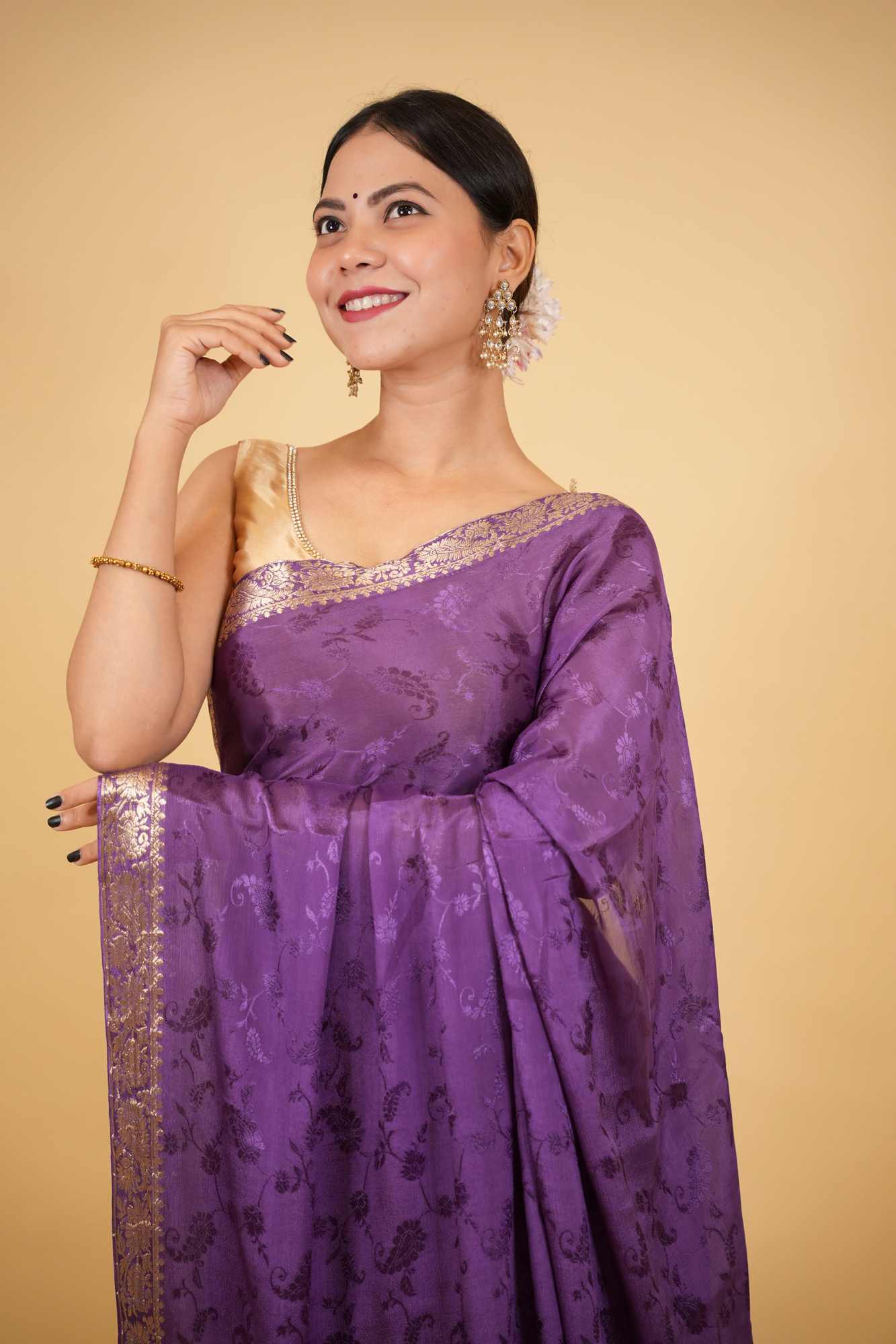 Royal Purple Viscose Chinon with Elegant All-Over Weaving Pattern Ready To Wear Saree