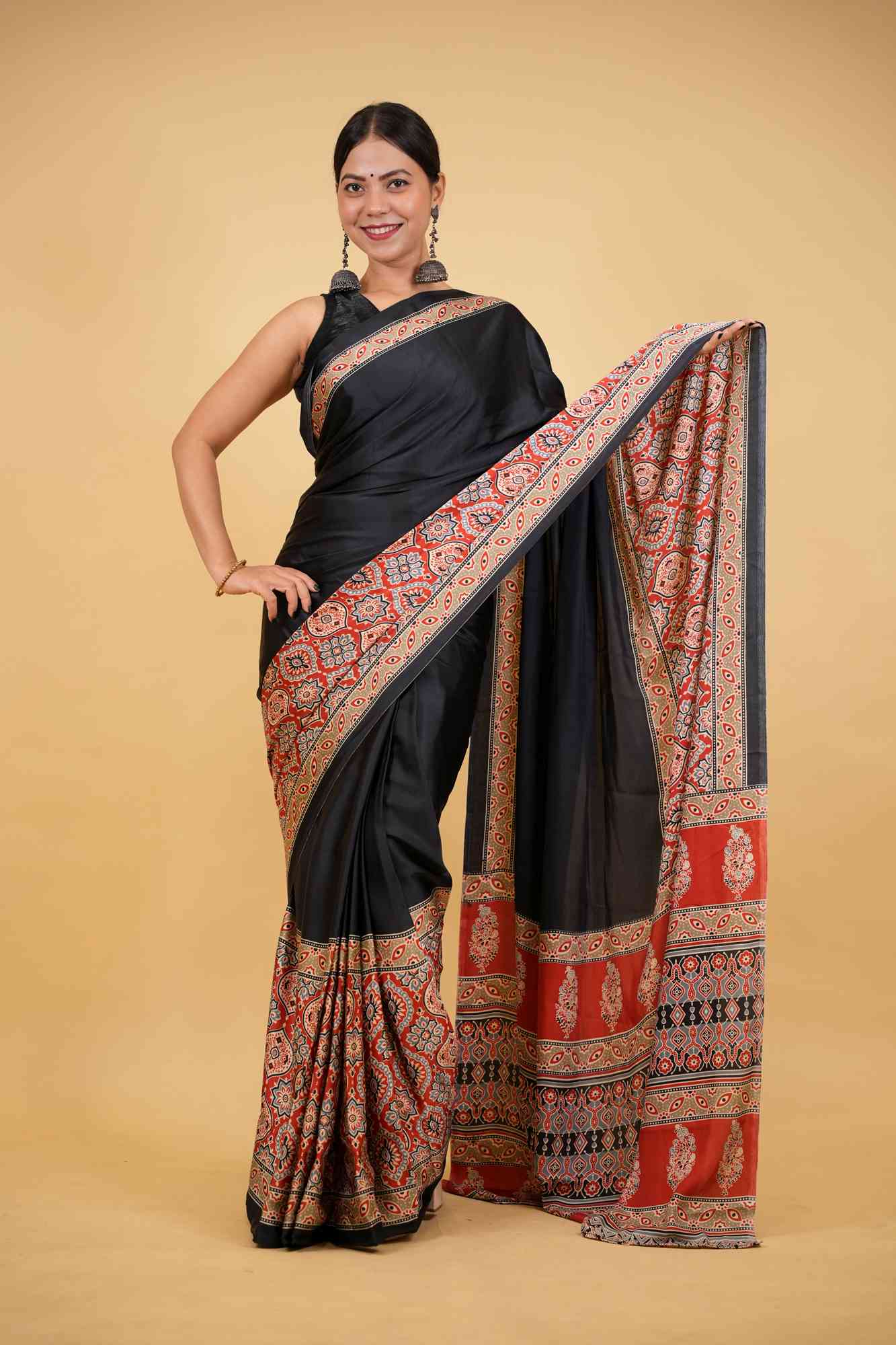 Black Soft Silk Ajrakh with Red Contrast Pallu Ready To Wear Saree