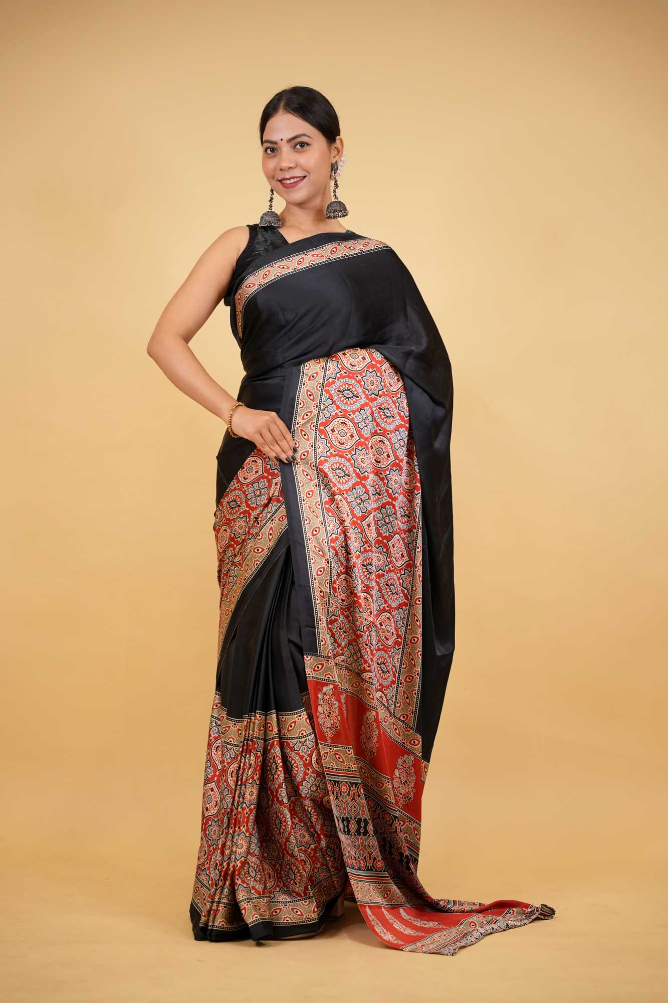 Black Soft Silk Ajrakh with Red Contrast Pallu Ready To Wear Saree