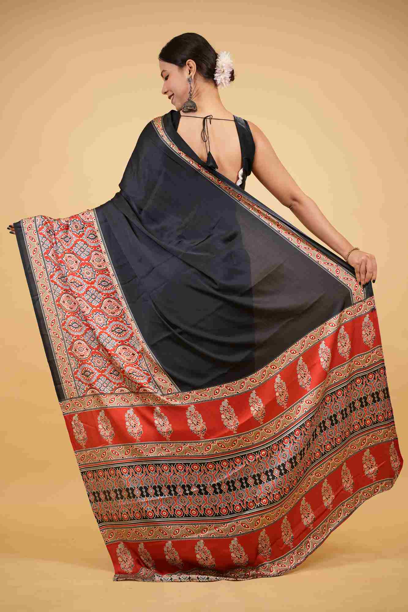 Black Soft Silk Ajrakh with Red Contrast Pallu Ready To Wear Saree