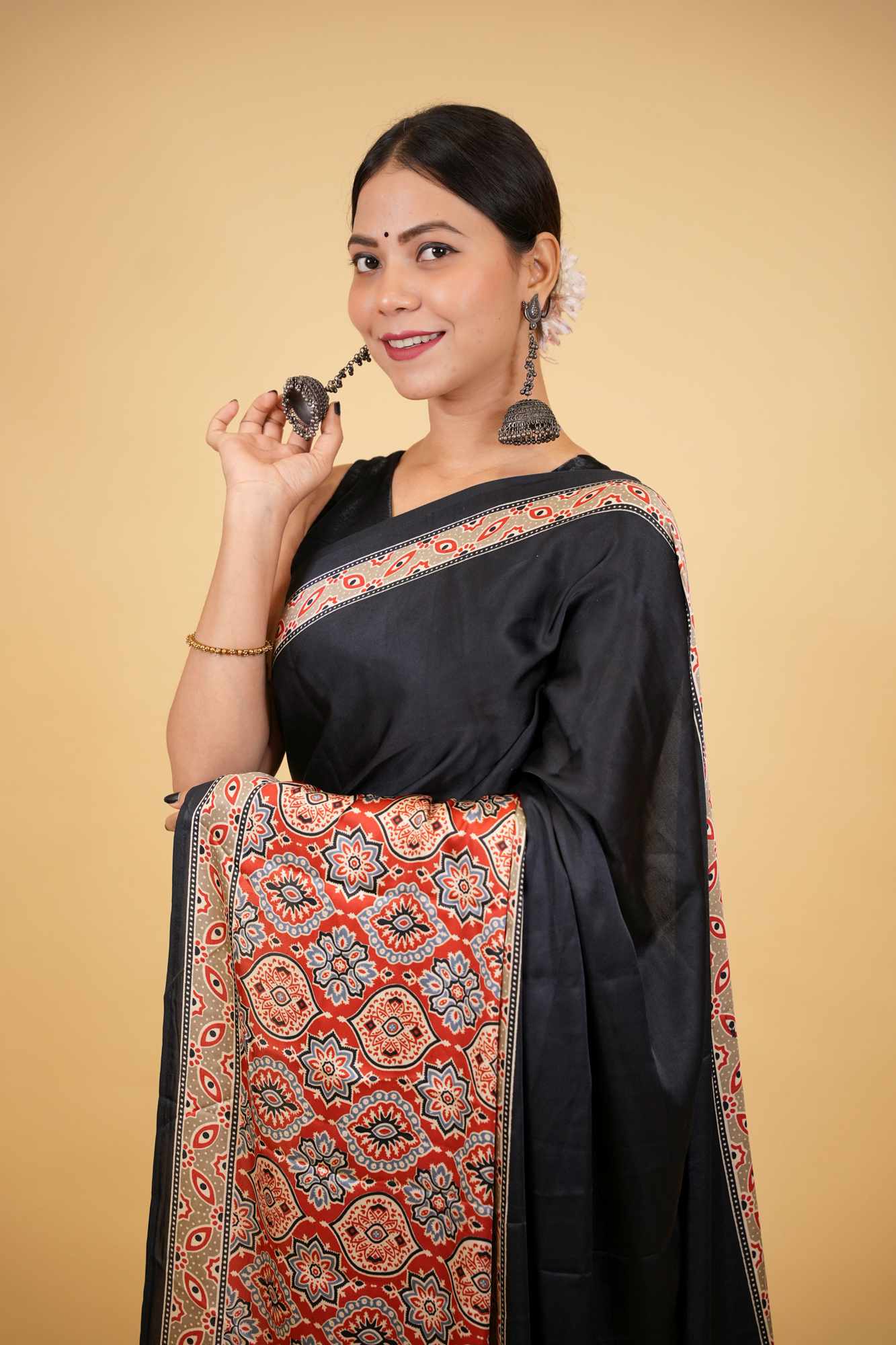 Black Soft Silk Ajrakh with Red Contrast Pallu Ready To Wear Saree