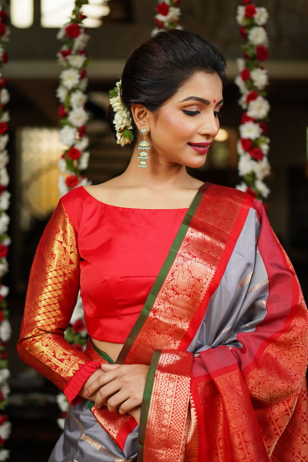 Red kanjivaram Silk Blouse with 3/4th Sleeves Mix and Match Blouse for saree, Made to Order | Shobitam