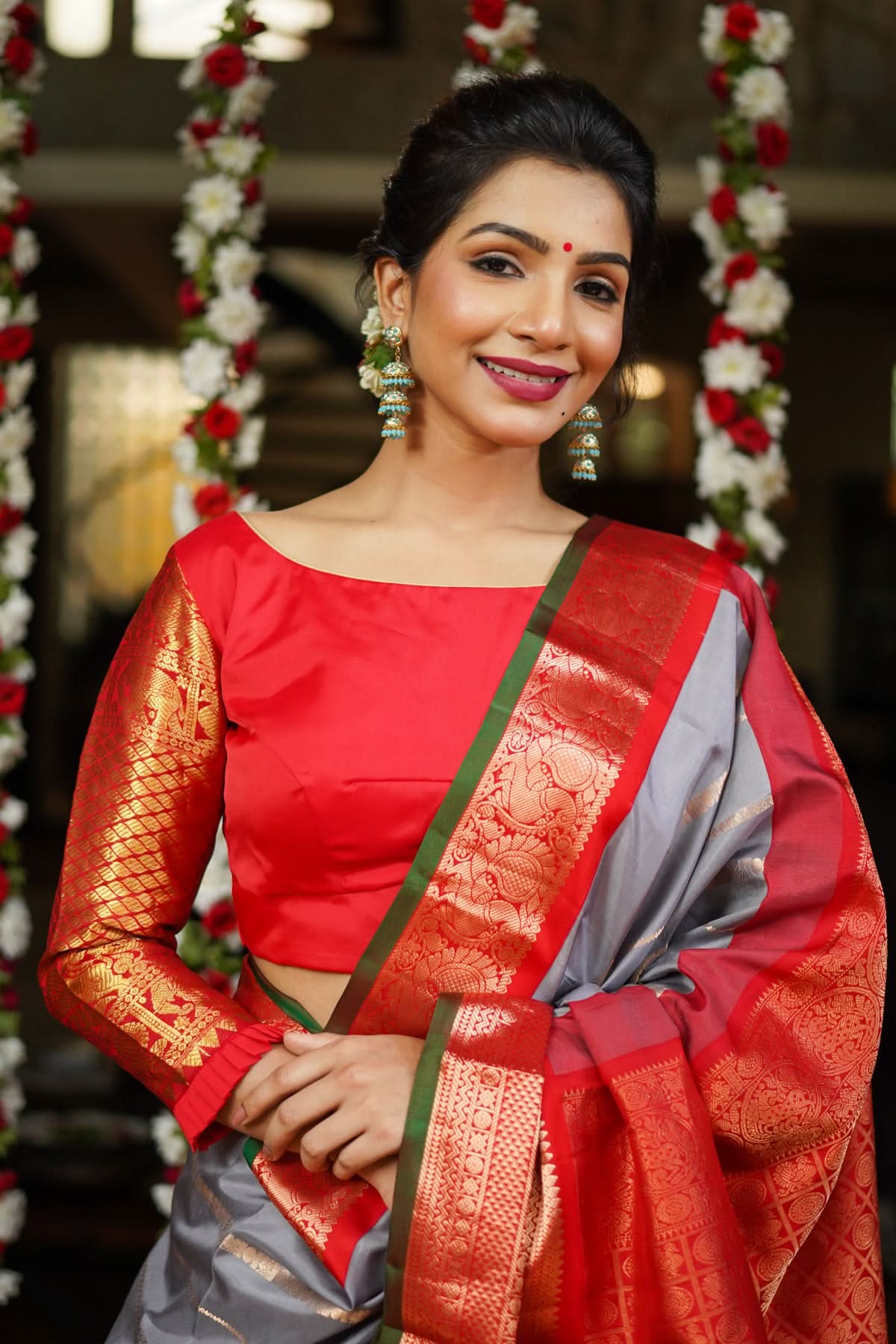Red kanjivaram Silk Blouse with 3/4th Sleeves Mix and Match Blouse for saree, Made to Order | Shobitam