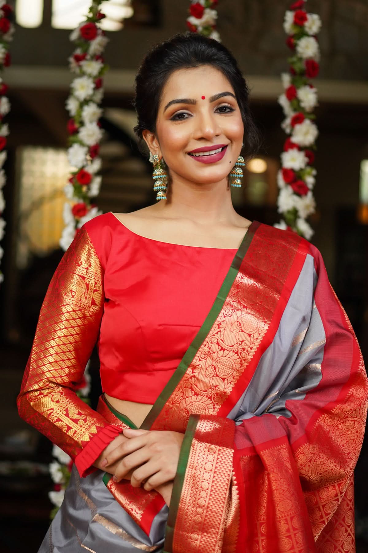Red kanjivaram Silk Blouse with 3/4th Sleeves Mix and Match Blouse for saree, Made to Order | Shobitam