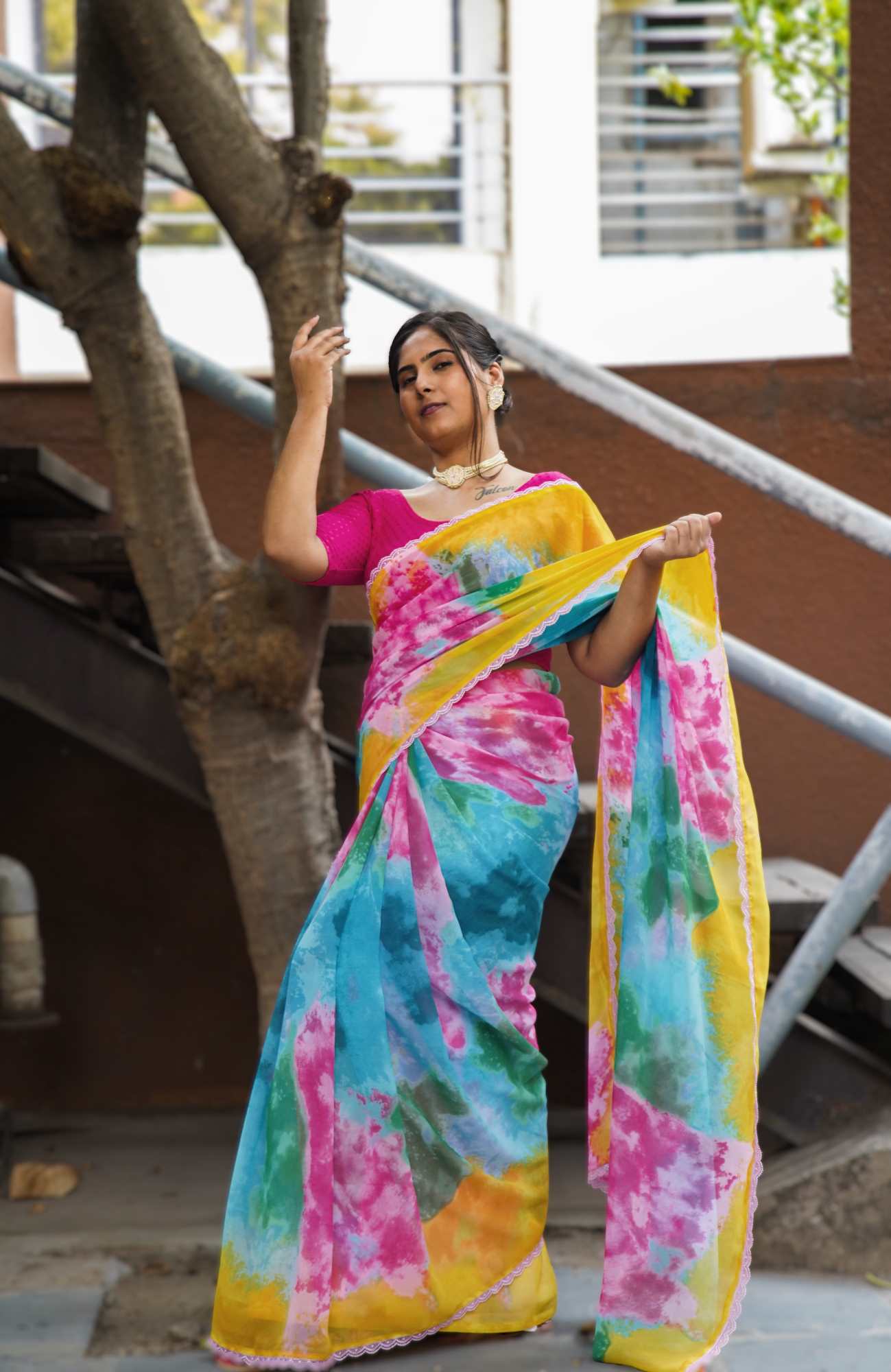 Ready To Wear Alia Bhatt Inspired Rocky Rani Multi Color With Lace Wrap in 1 minute saree