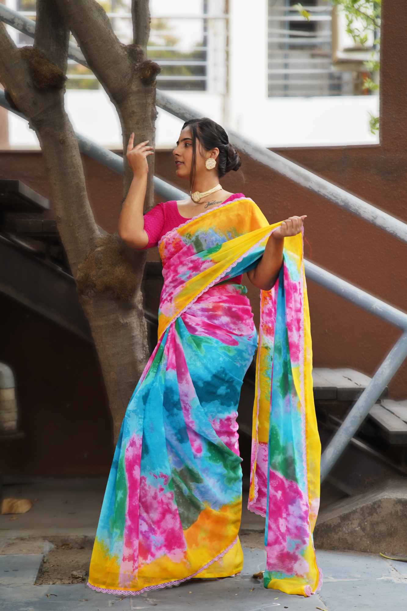 Ready To Wear Alia Bhatt Inspired Rocky Rani Multi Color With Lace Wrap in 1 minute saree