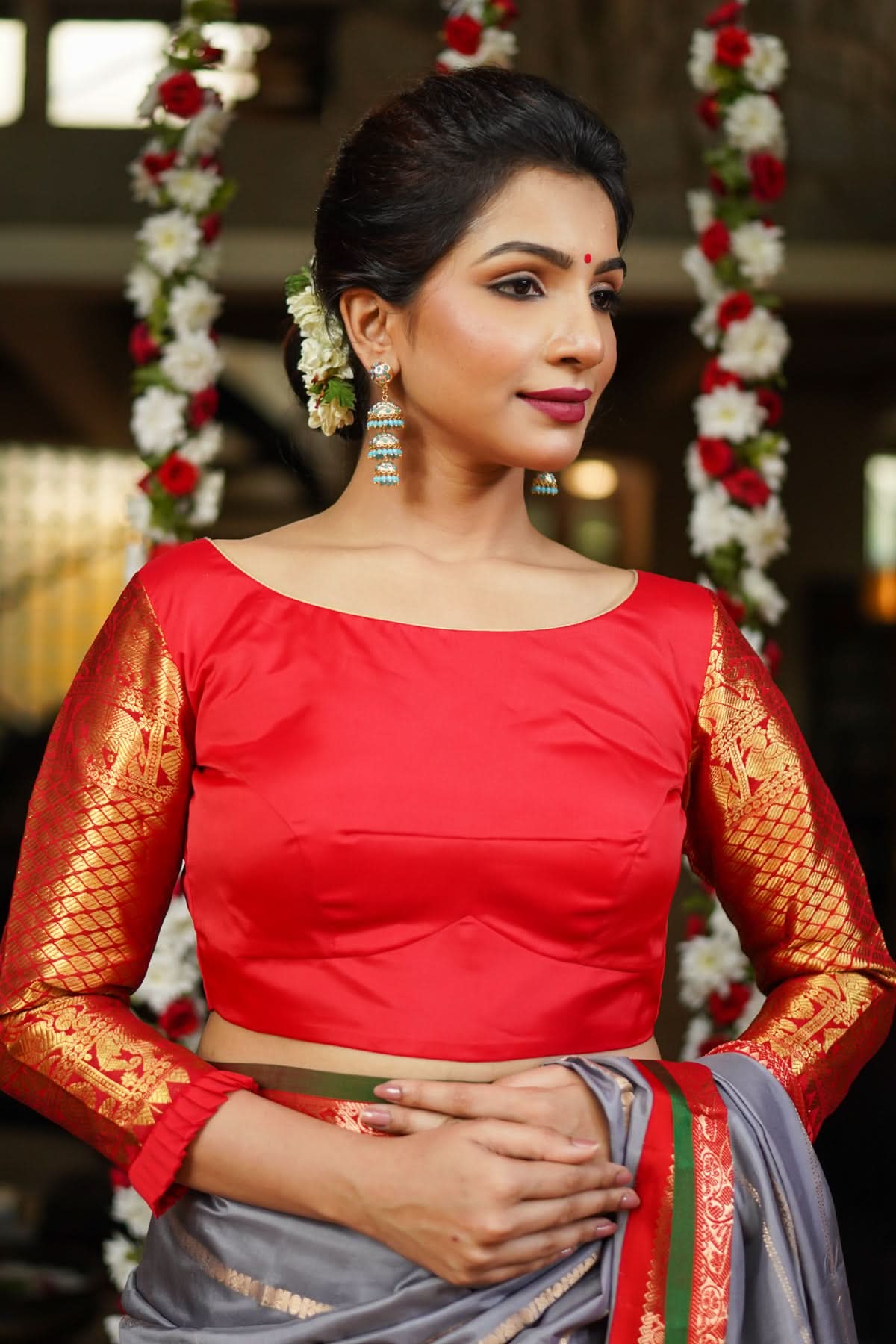Red kanjivaram Silk Blouse with 3/4th Sleeves Mix and Match Blouse for saree, Made to Order | Shobitam