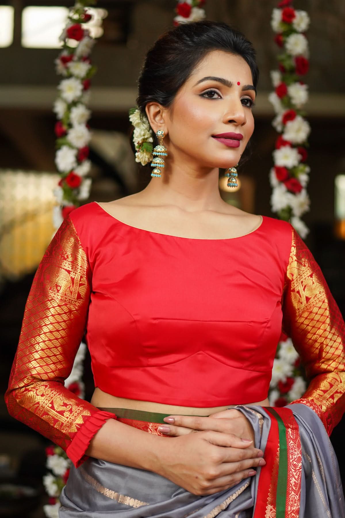 Red kanjivaram Silk Blouse with 3/4th Sleeves Mix and Match Blouse for saree, Made to Order | Shobitam
