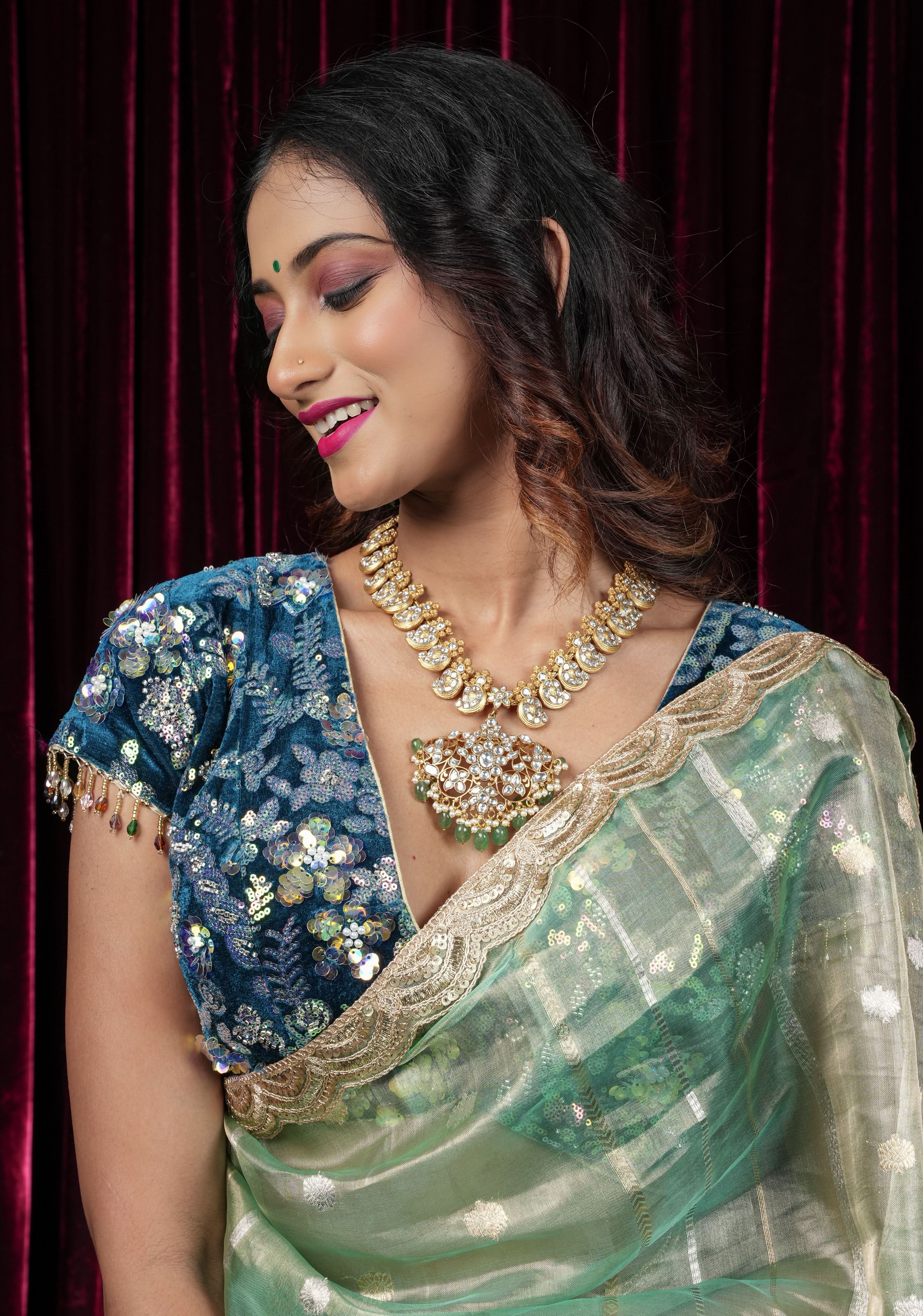 Teal Velvet 3D sequin arch back tie blouse with multicolor danglers,  Made to Order | Shobitam