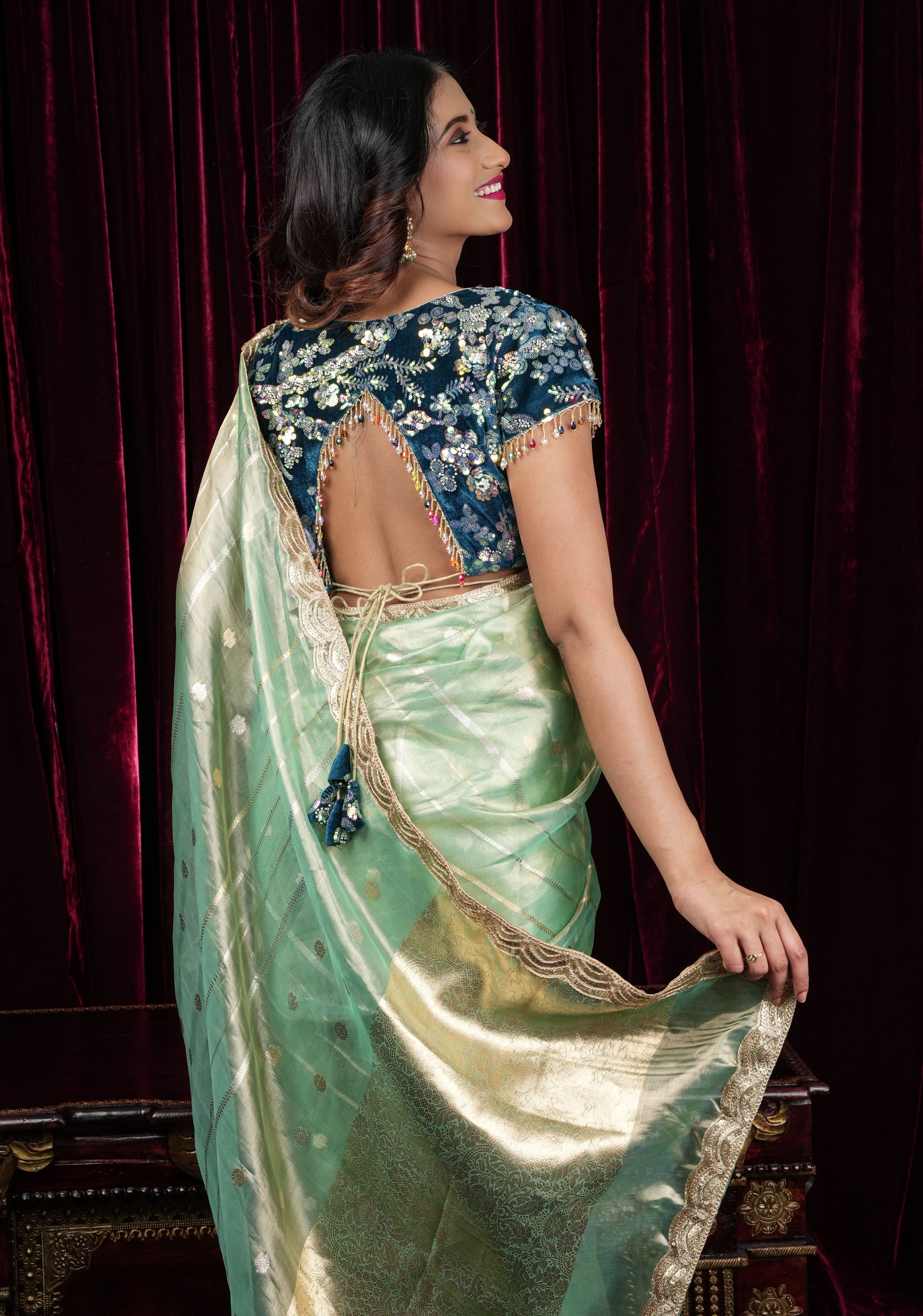 Teal Velvet 3D sequin arch back tie blouse with multicolor danglers,  Made to Order | Shobitam