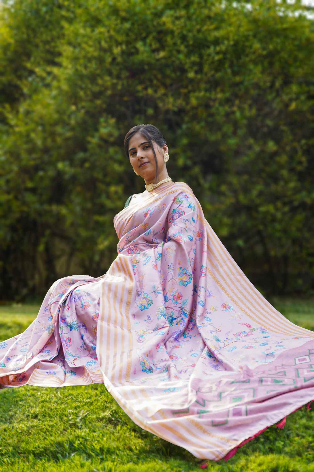 Ready To Wear Pink with Multicoloured Floral Banarsee Soft Silk Wrap in 1 minute saree
