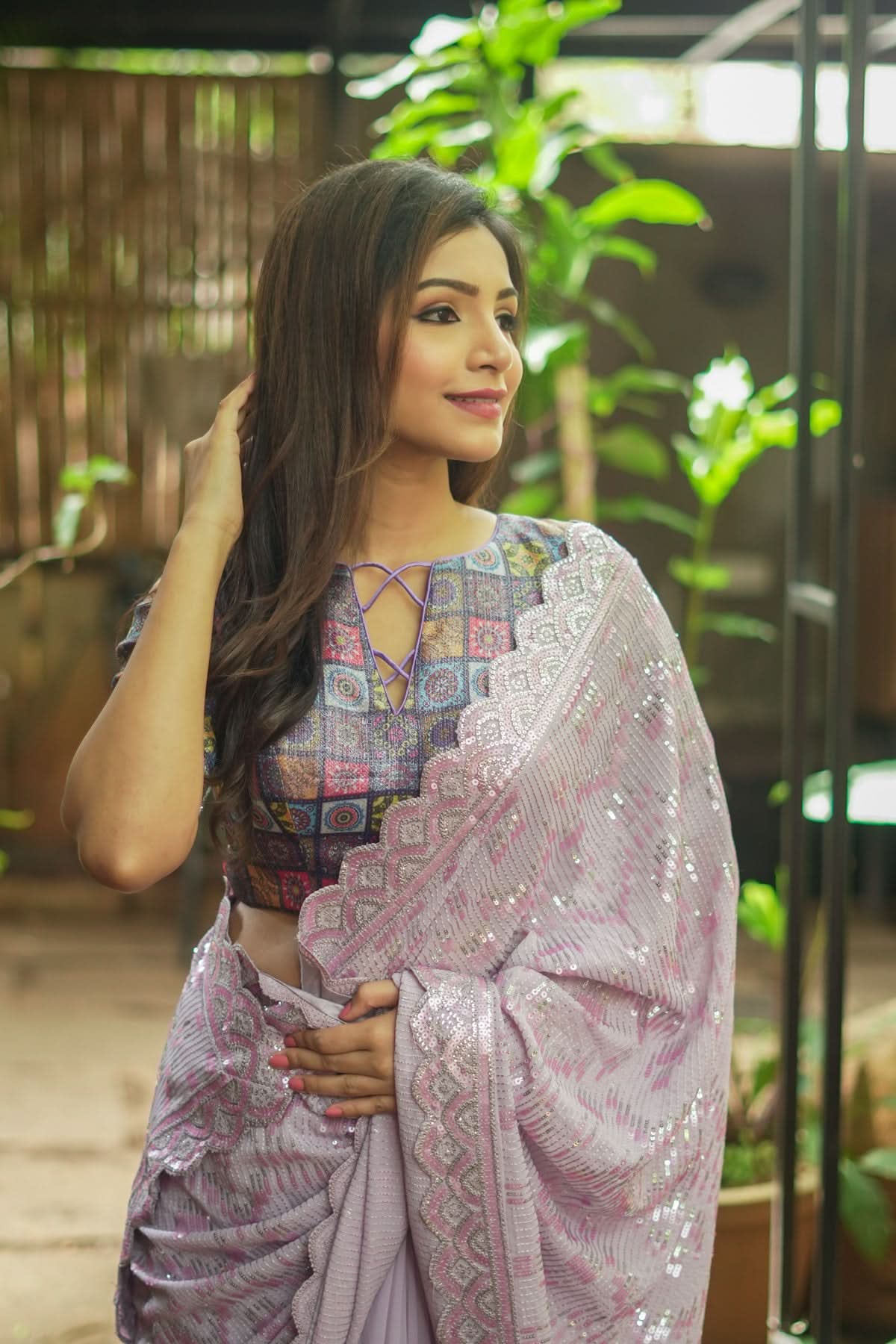 Full Sequins Embellished Georgette Saree in mauve with Scalloped border | Shobitam