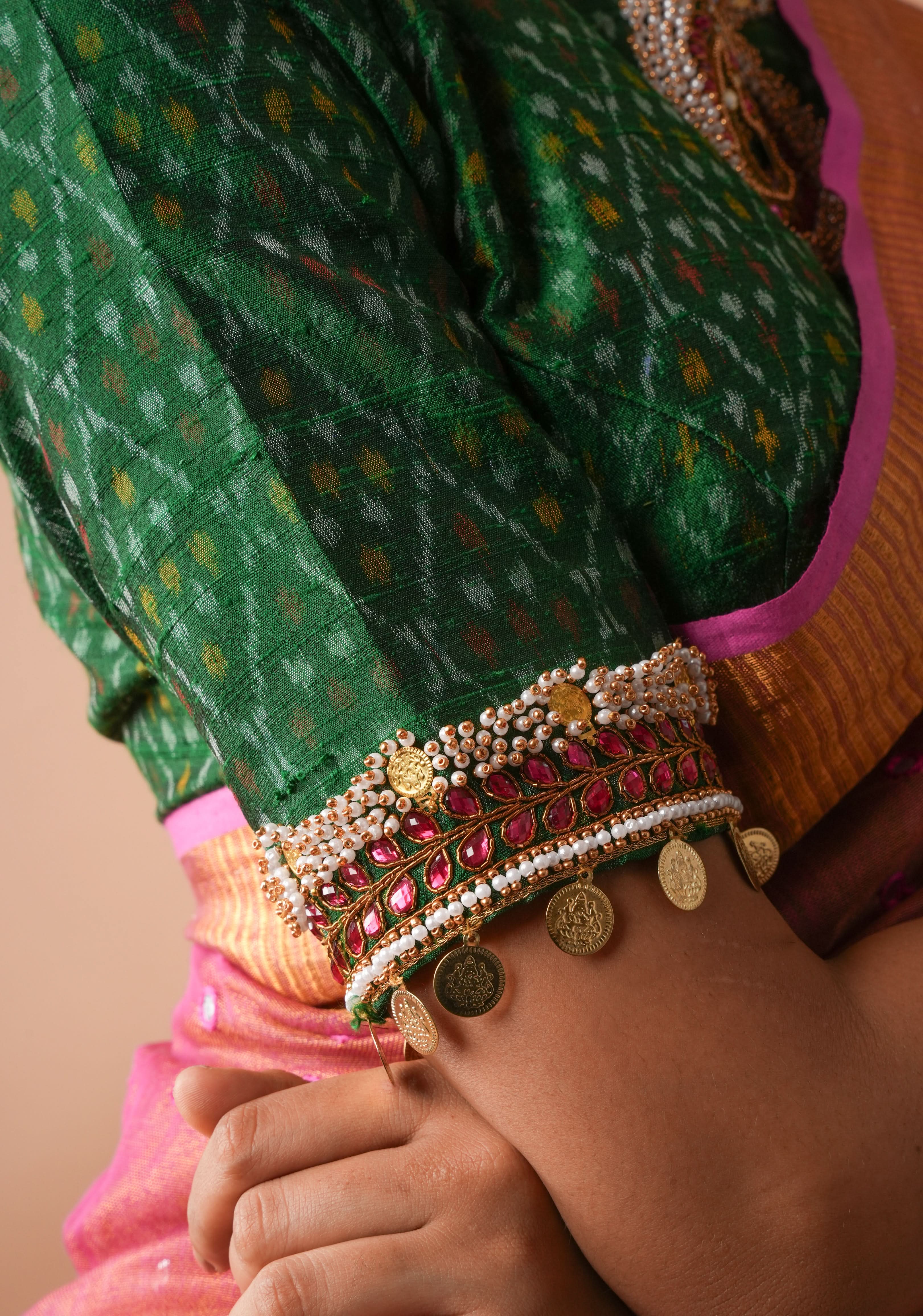 Green Ikkat Pure Raw Silk Blouse with Kemp and Moti Necklace and Bajuband design Handwork, Made to Order, Customizable | Shobitam