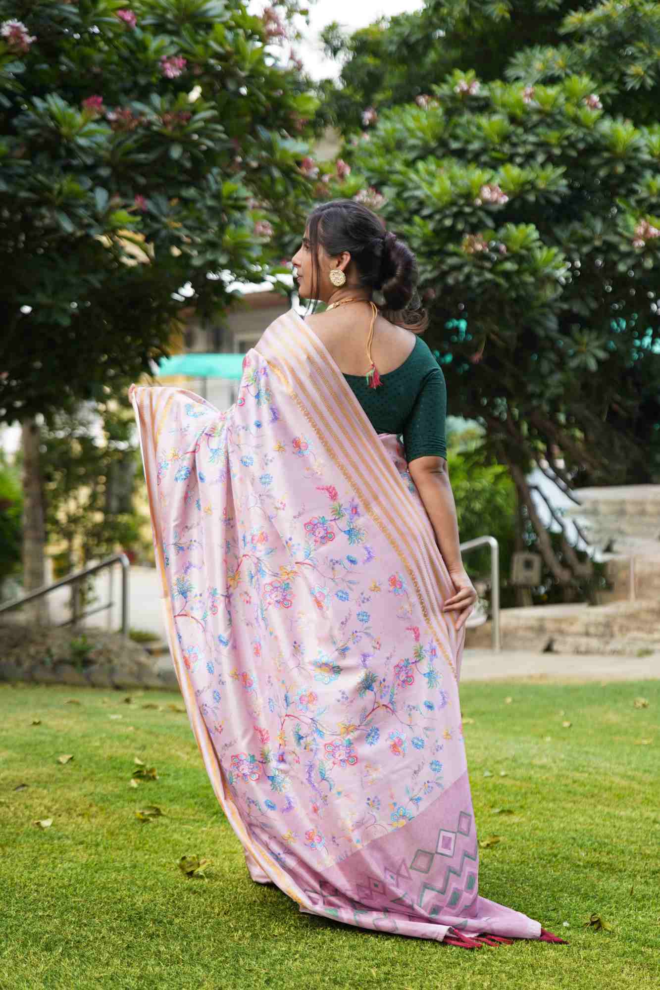 Ready To Wear Pink with Multicoloured Floral Banarsee Soft Silk Wrap in 1 minute saree