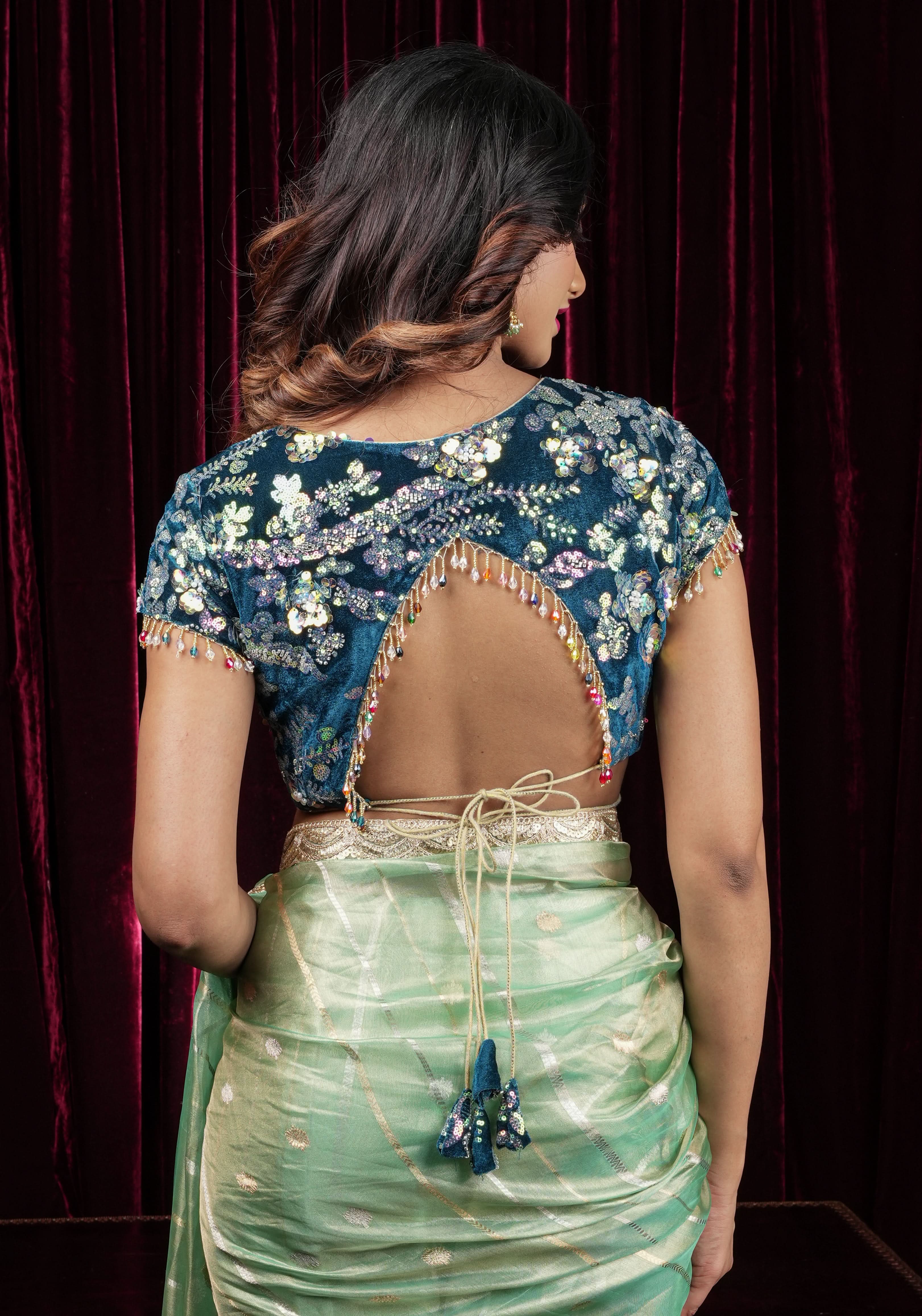 Teal Velvet 3D sequin arch back tie blouse with multicolor danglers,  Made to Order | Shobitam